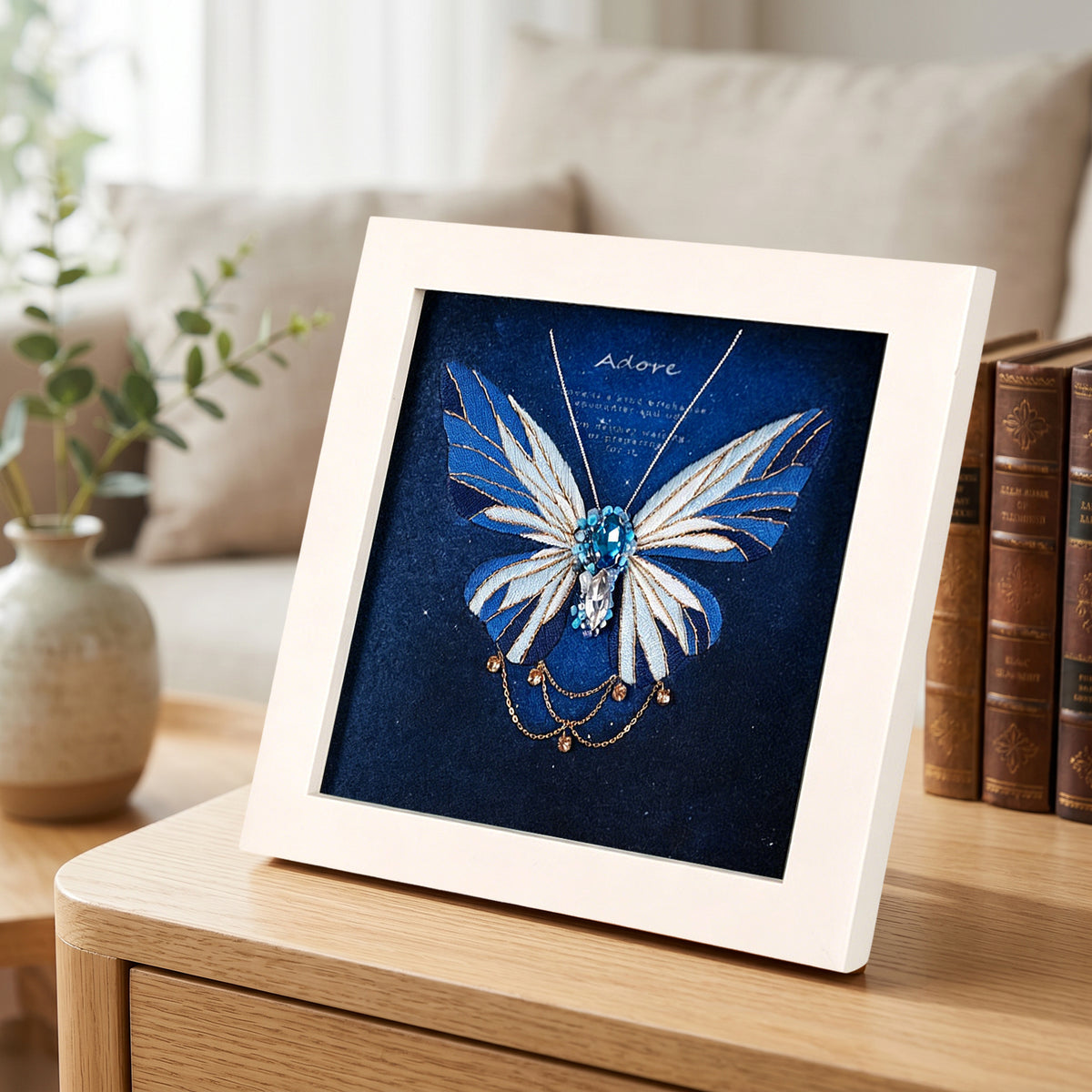 Beginners Needlepoint Kits with Tools Complete DIY Wall Decor Set Multi Purpose Handmade Creative Project for DIY Gift&Group Activity (Blue Papillon White Frame)