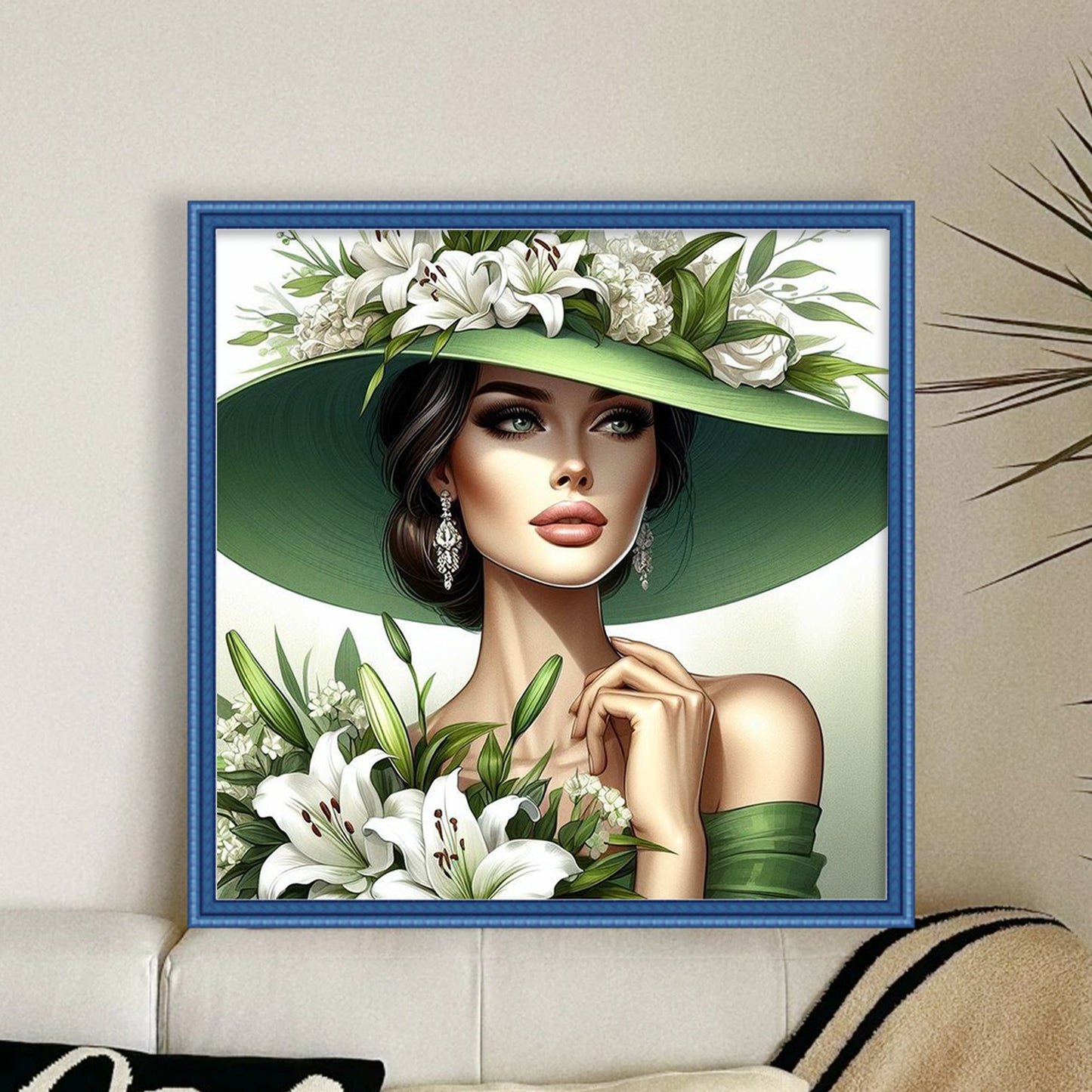 Green Lily Hat Lady - Full 11CT Stamped Cross Stitch 40x40CM - Huacan