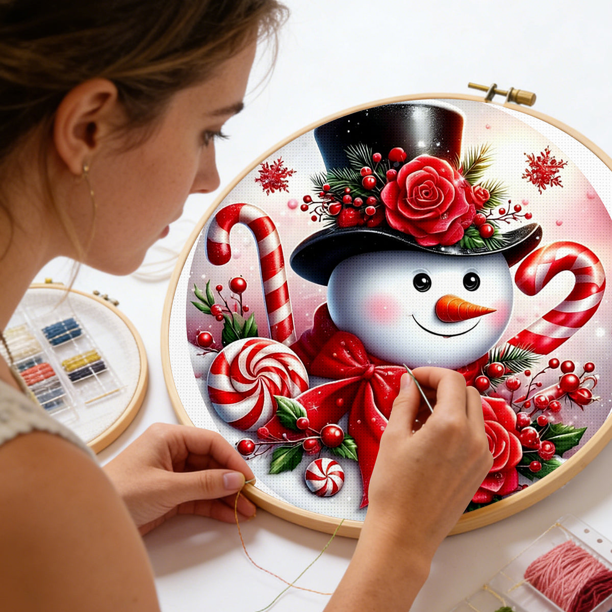 Red Rose Candy Snowman - Full Stamped Cross Stitch 25x25CM - Huacan