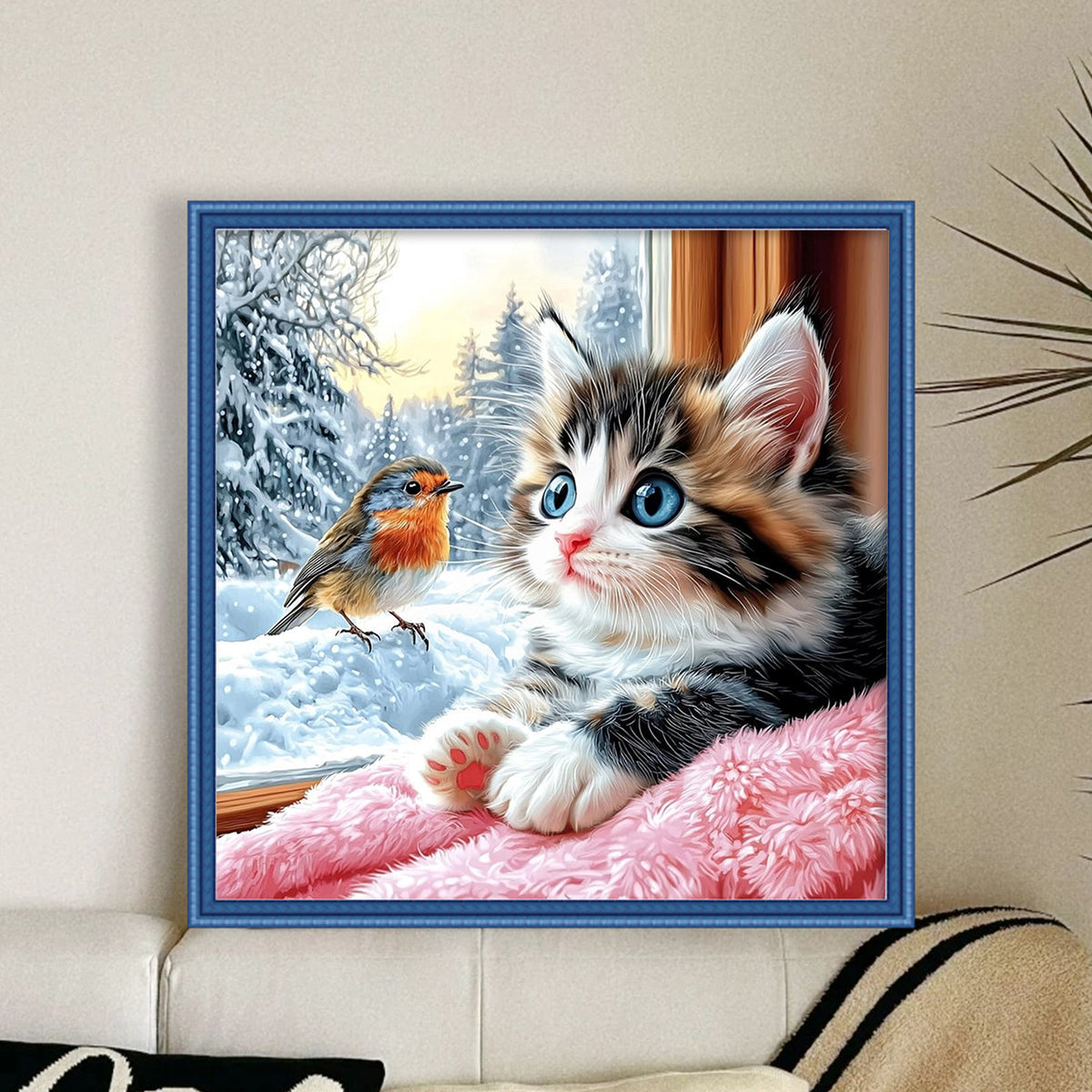 Kitten And Robin At The Window-Bird/Cat - Full 14CT Counted Cross Stitch 40*40CM - Yishu