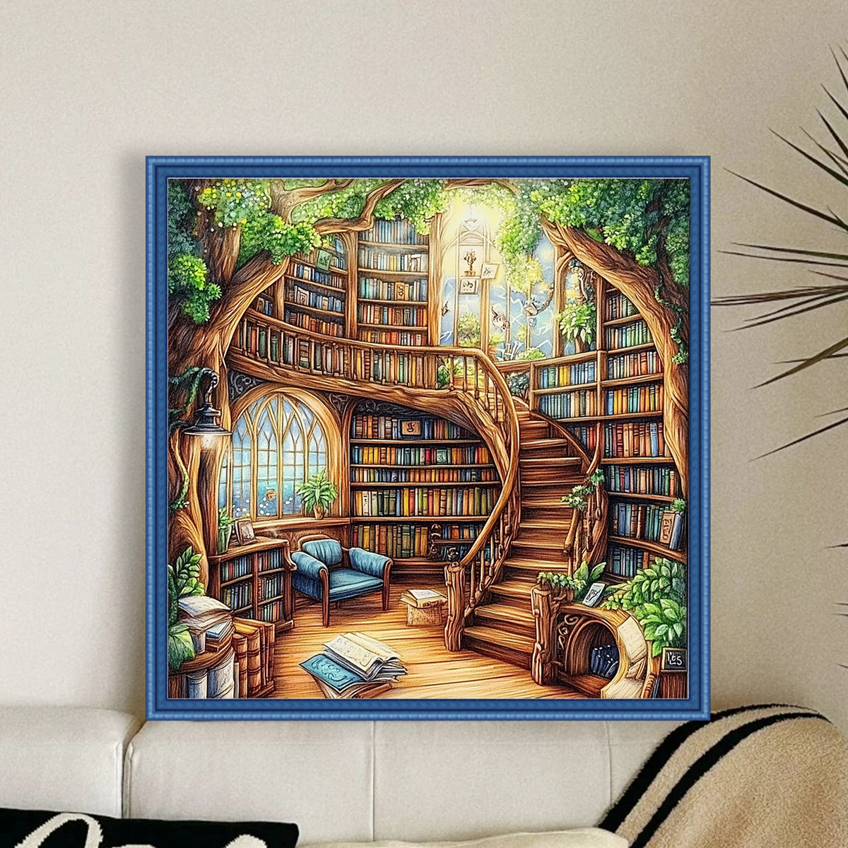 Baumhaus-Bibliothek – Komplettes 14CT gezähltes Kreuzstichset 40*40cm – Yishu
