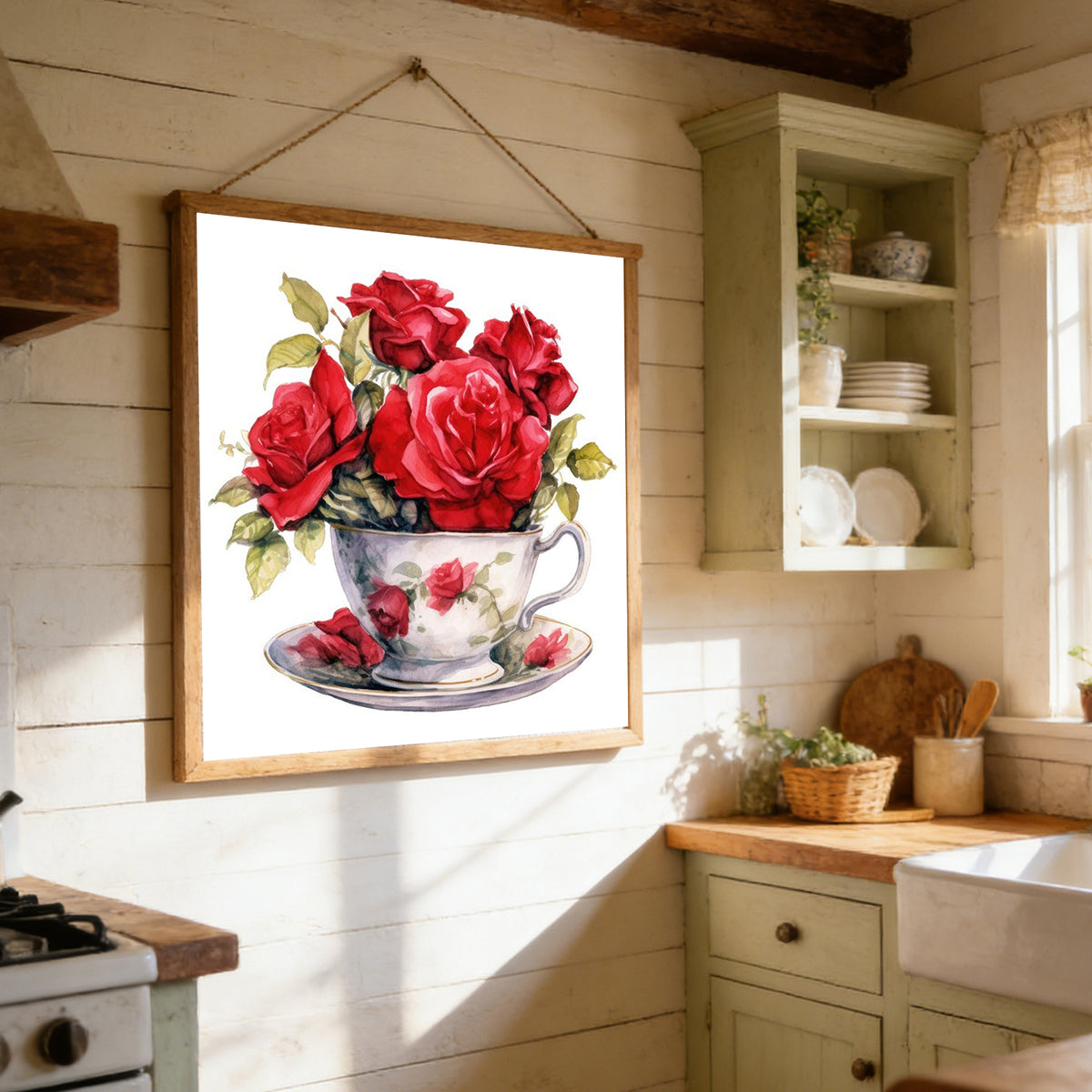 Red Rose Teacup - Full Stamped Cross Stitch 20x20CM - Huacan