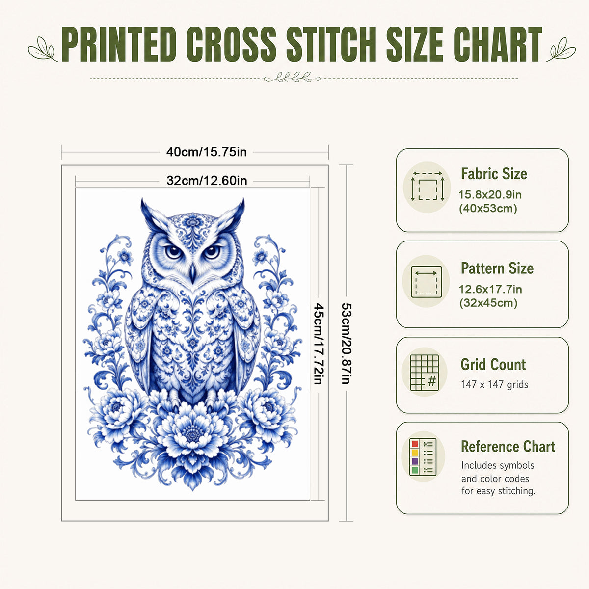 Blue And White Porcelain Owl Series - Full 14CT Stamped Cross Stitch 40x53CM - Huacan