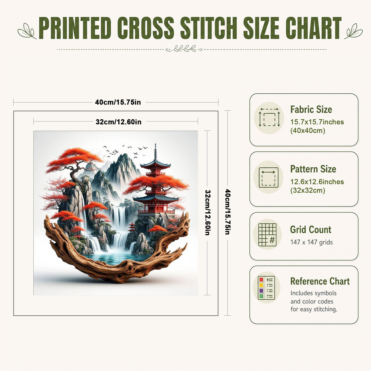 Root Carving Zen Landscape - Full 11CT Stamped Cross Stitch 40x40CM - Huacan