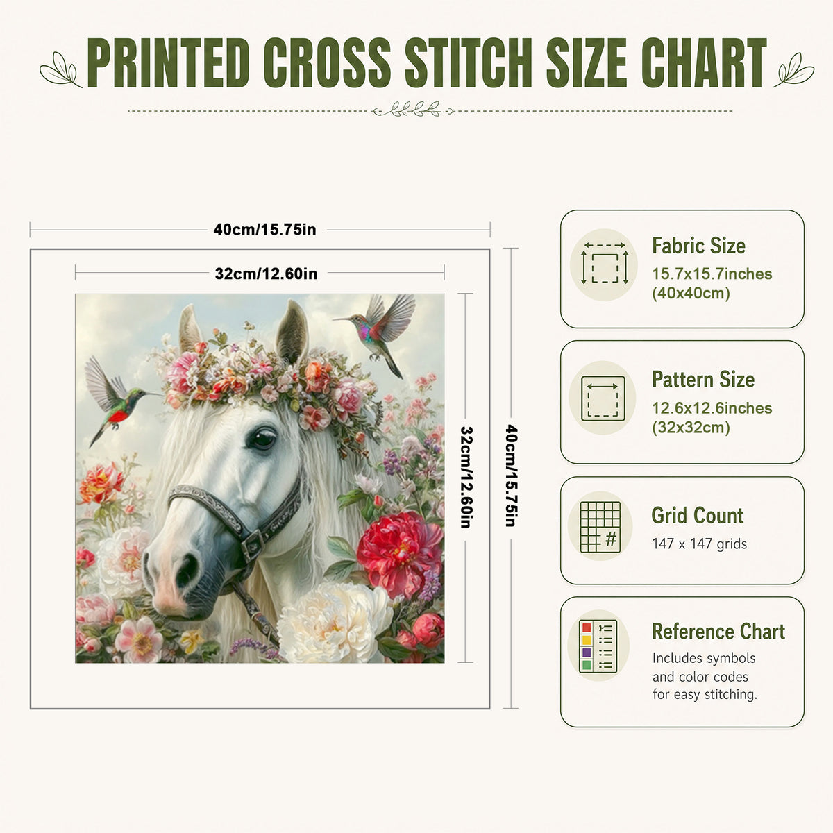 White Horse With Blossoms - Full 11CT Stamped Cross Stitch 40x40CM - Huacan