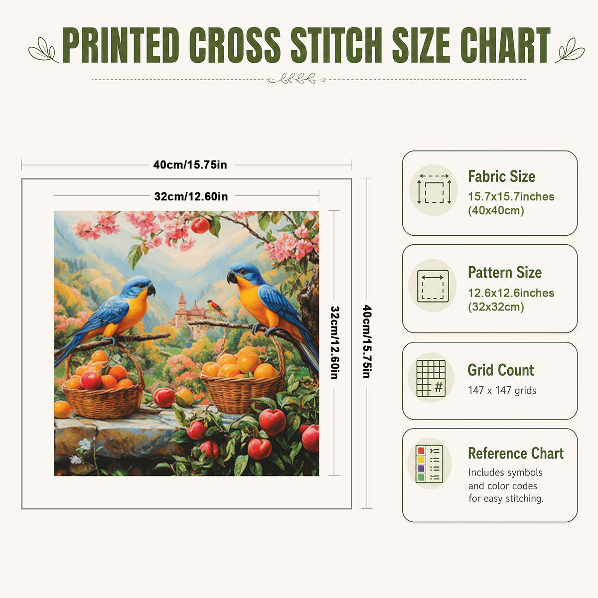 Two Parrots In Orchard - Full 11CT Stamped Cross Stitch 40x40CM - Huacan