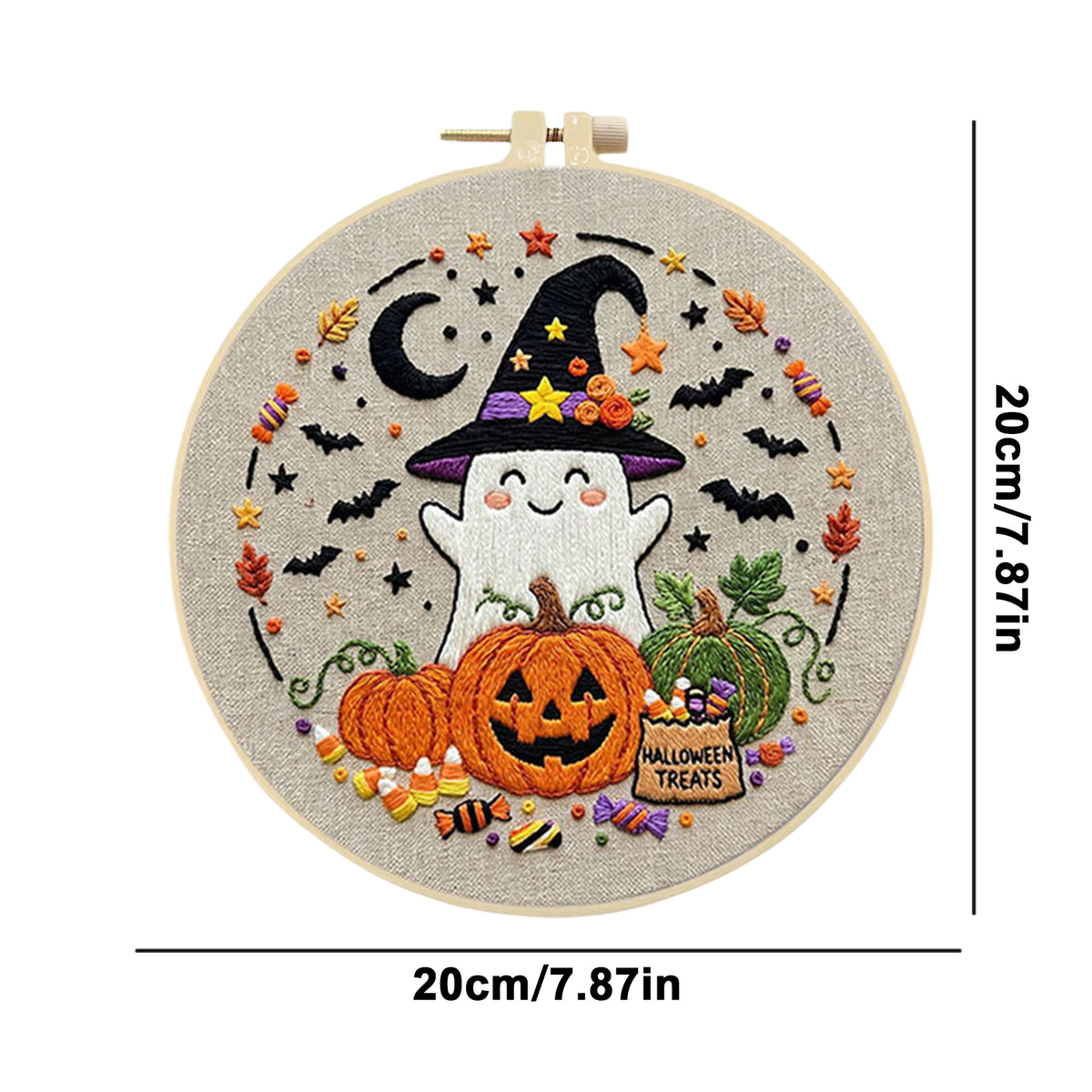 Ghost Pumpkin - DIY Embroidery Cross Stitch Kit with Pattern Cotton Threads Needles Hoop 29×29CM/11.42×11.42in
