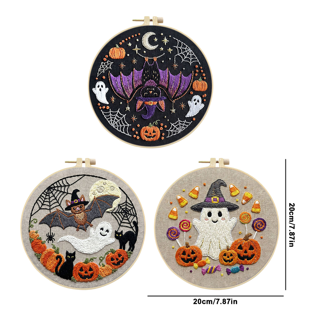 3Pcs Halloween - DIY Embroidery Cross Stitch Kit with Pattern Cotton Threads Needles Hoop 29×29CM/11.42×11.42in