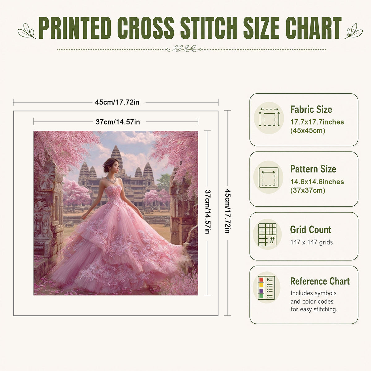 Mädchen im rosafarbenen Sakura-Kleid – Vollständiges 11CT-Stempel-Kreuzstichset 45x45 cm – Huacan