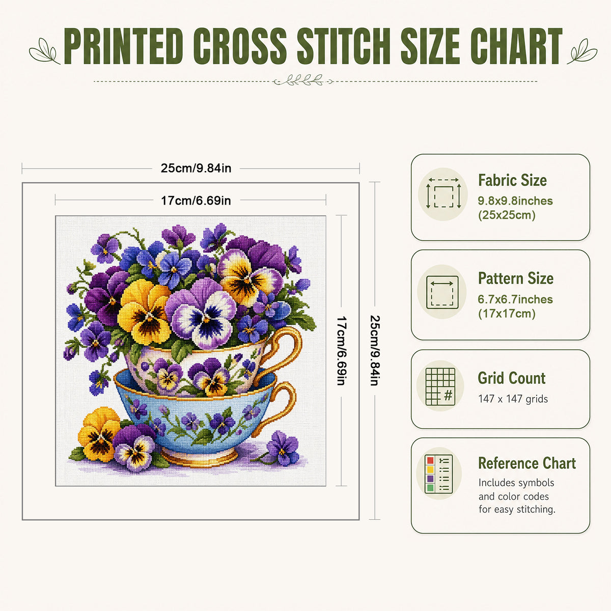 Double Pansy Flower Cup - Full Stamped Cross Stitch 25x25CM - Huacan