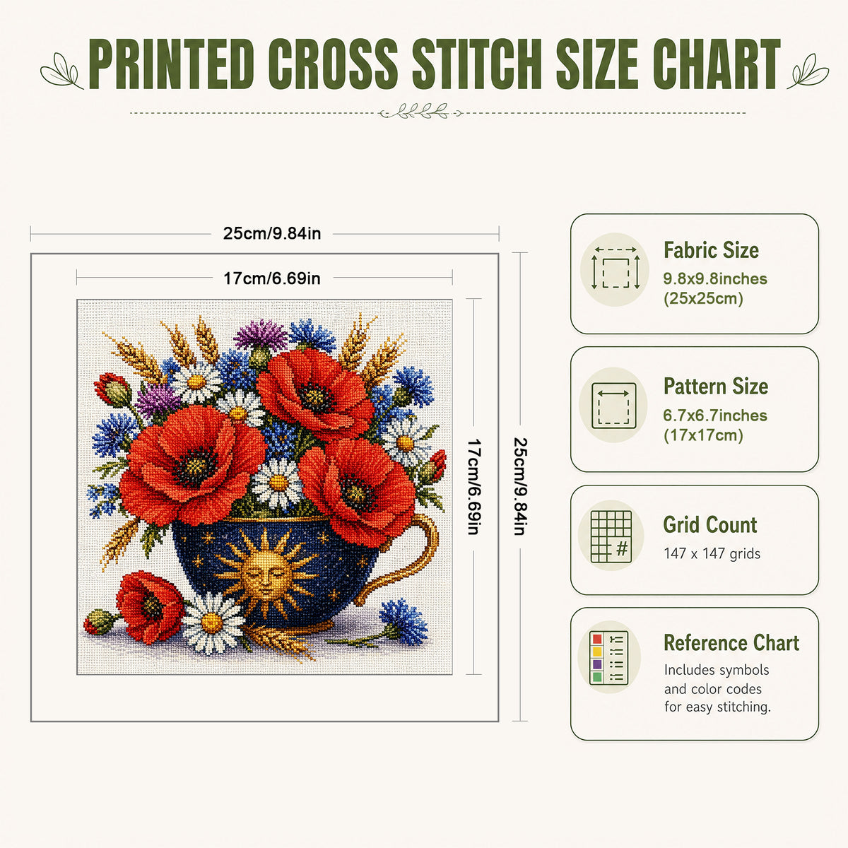 Sun Pattern Poppy Teapot - Full Stamped Cross Stitch 25x25CM - Huacan