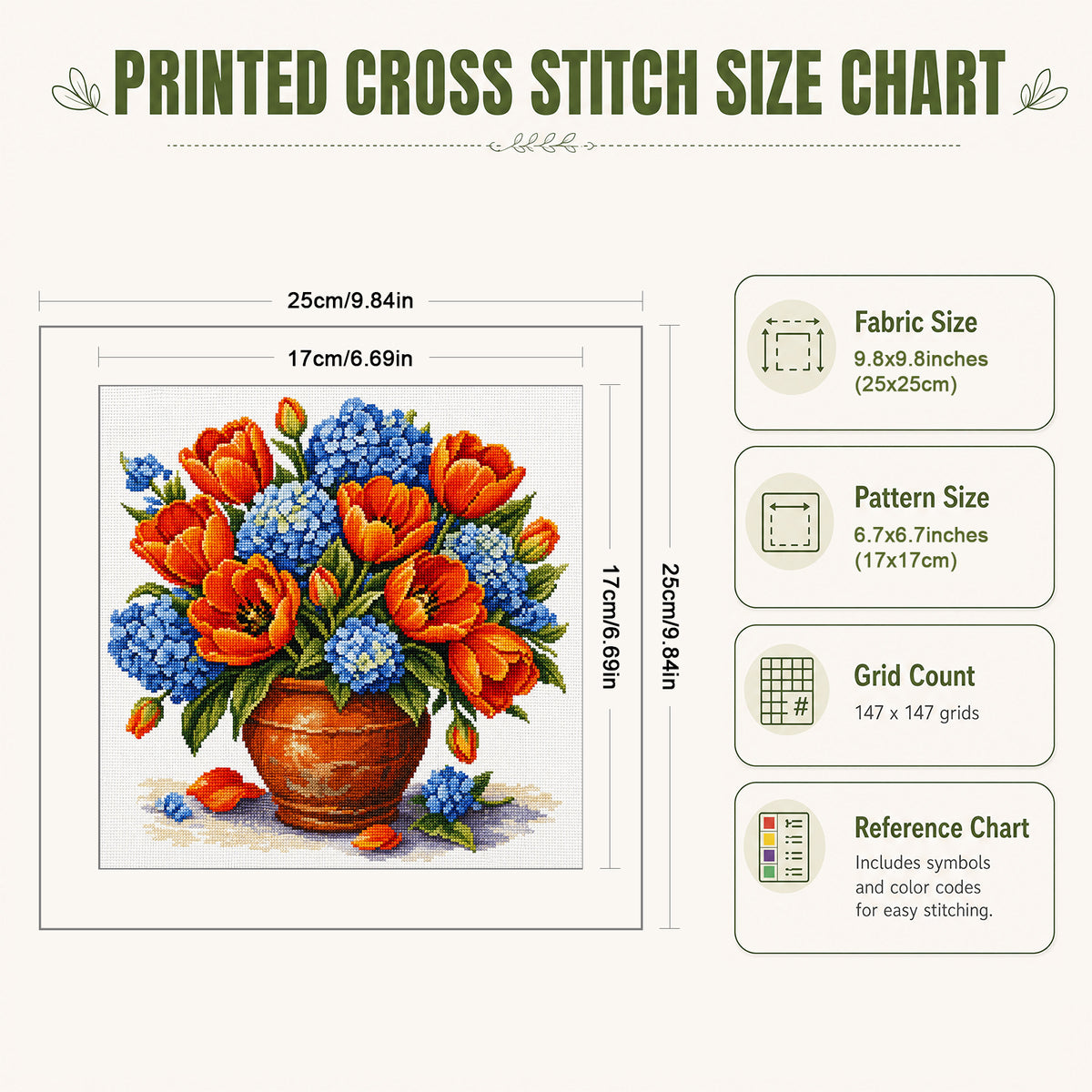 Orange Tulpe Hortensie Tontopf – Vollgestickter Kreuzstich 25x25CM – Huacan