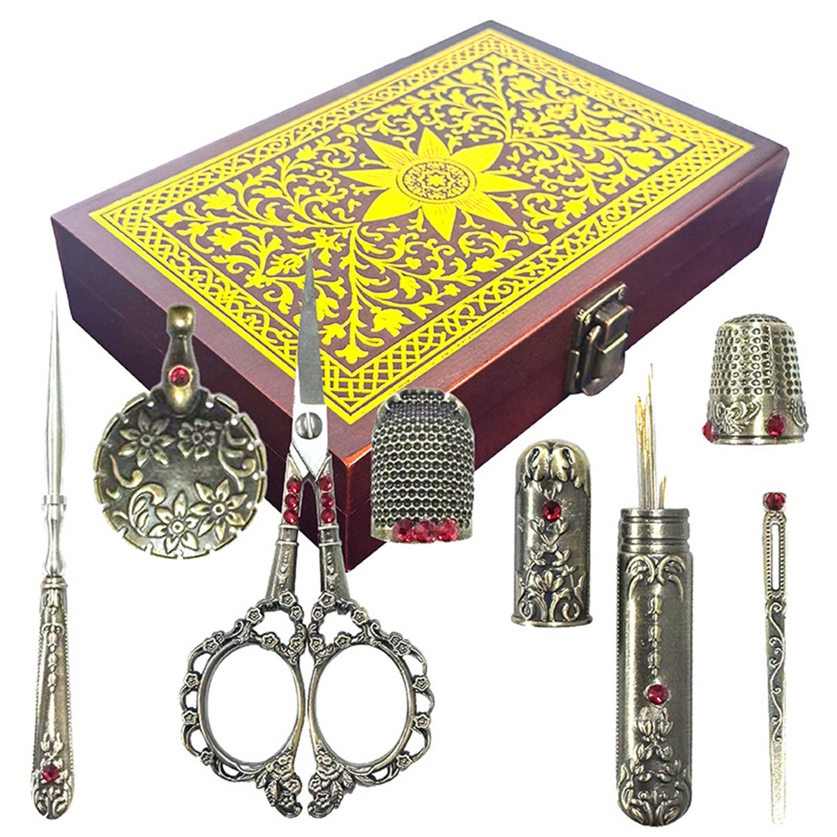 Complete Scissor Kit w/ Wooden Case for Women Sewing(Red with rhinestones)