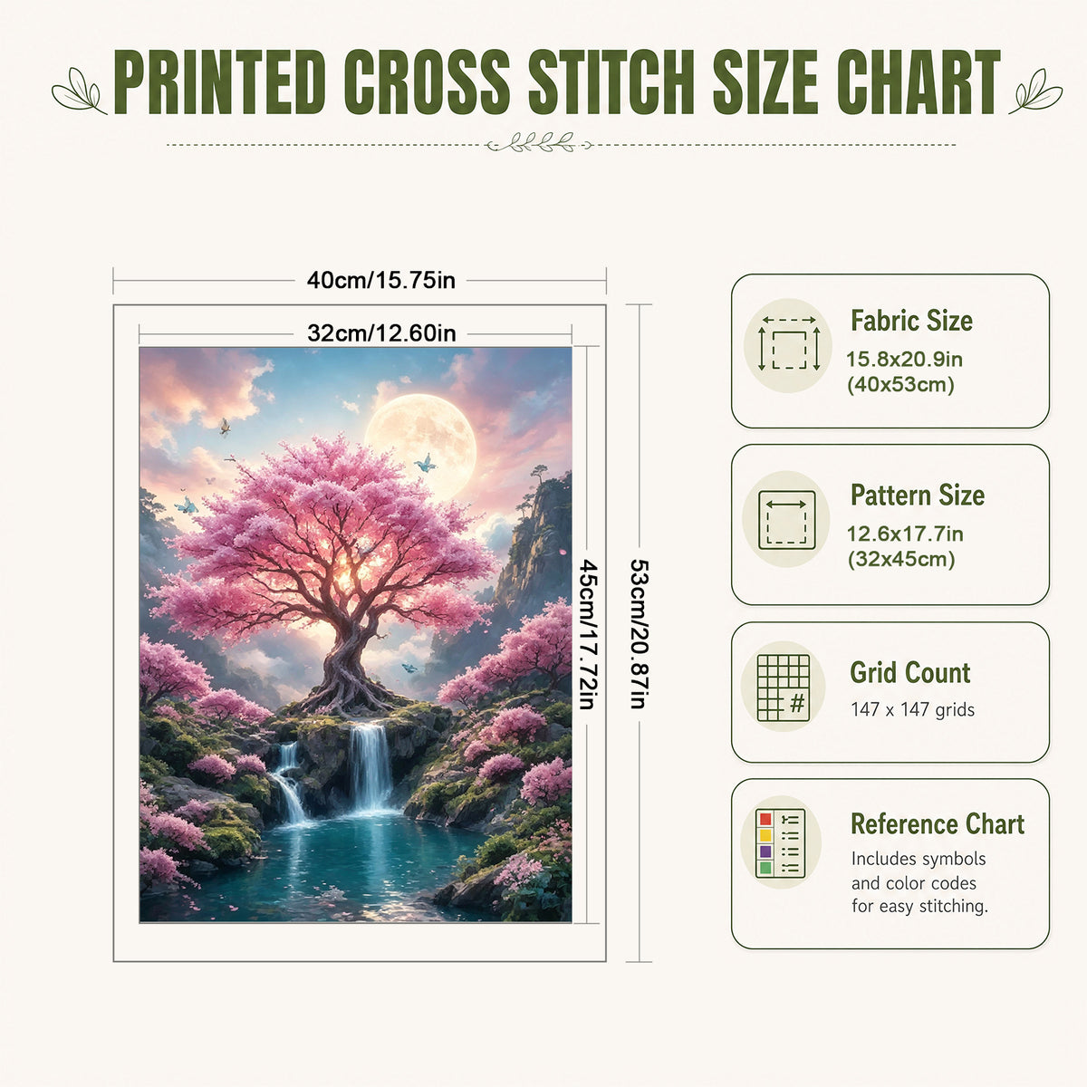 Sakura-Bach unter Mondschein - Vollständiges 11CT Stanz-Kreuzstichset 40x53CM - Huacan