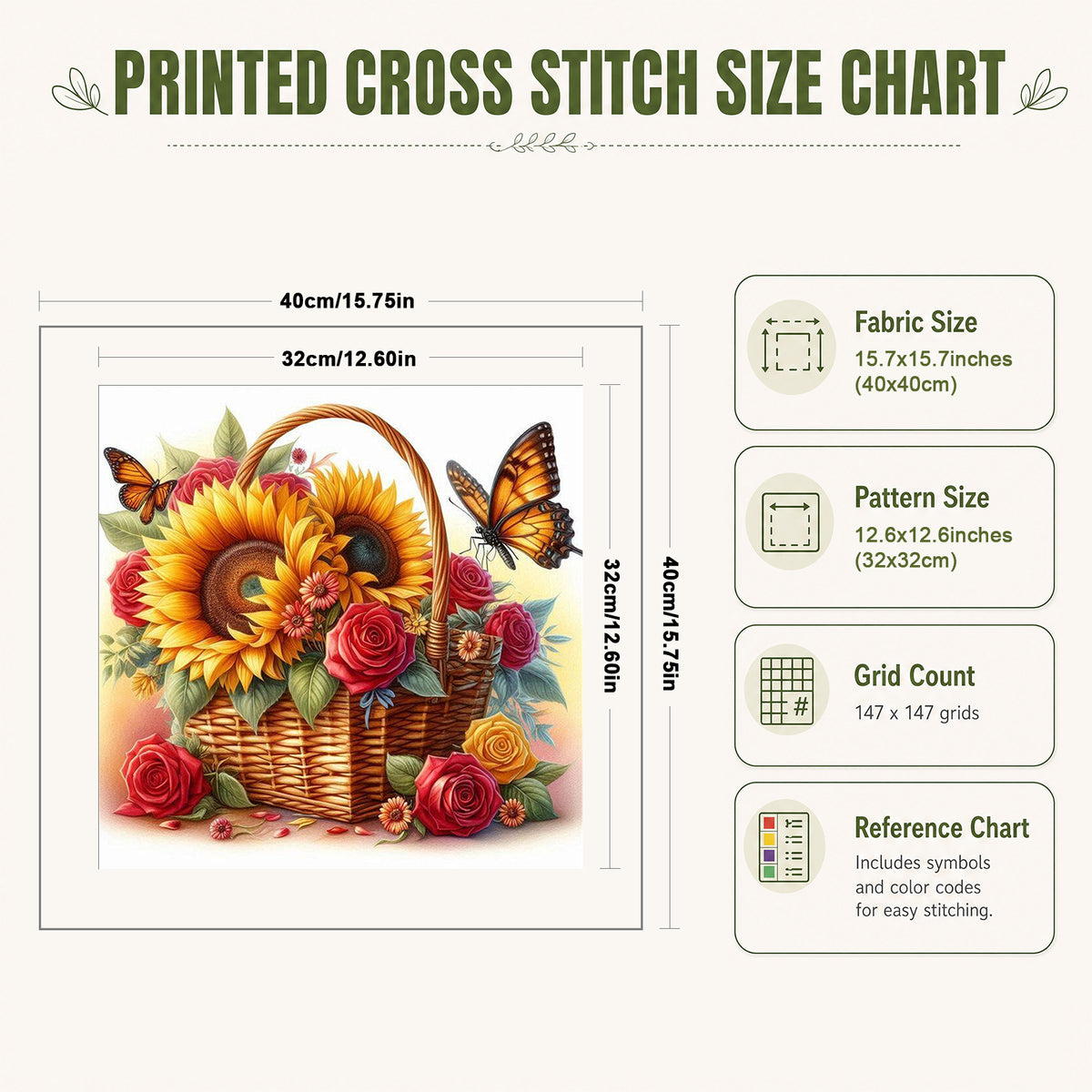 Flower Basket Butterfly Shadow - Full 11CT Stamped Cross Stitch 40x40CM - Huacan