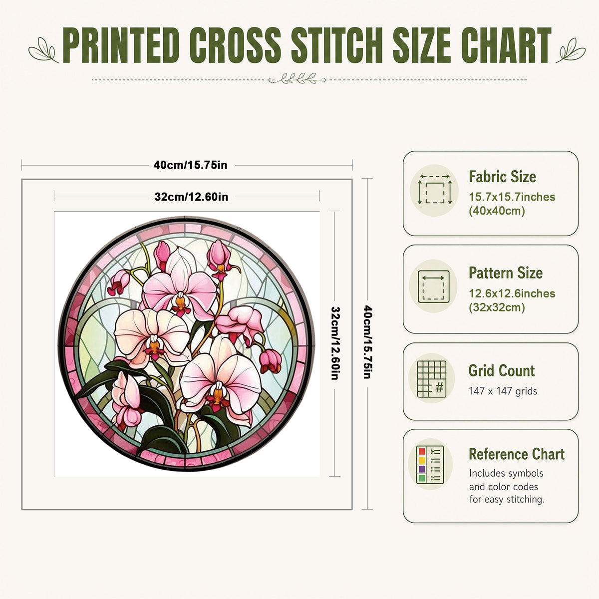 Pink Stained Glass Phalaenopsis - Full 11CT Stamped Cross Stitch 40x40CM - Huacan