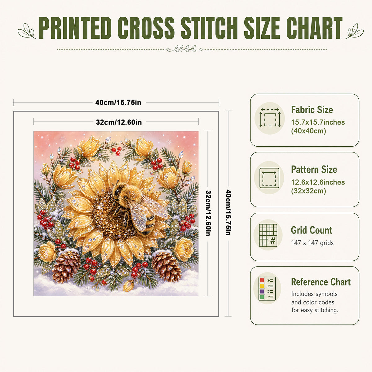 Golden Sunflower Bee - Full 11CT Stamped Cross Stitch 40x40CM - Huacan