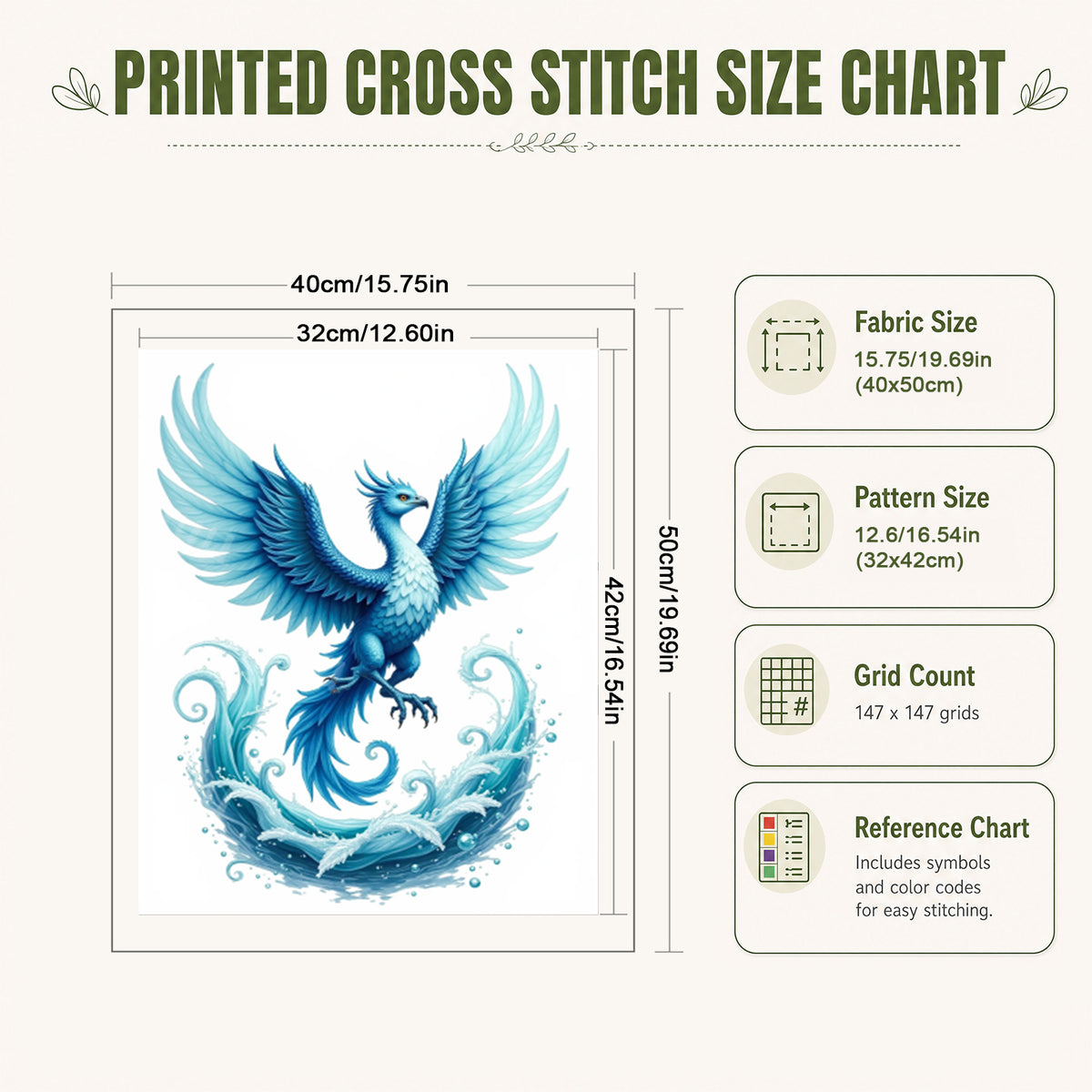 Blue Phoenix Over Blue Sea - Full 11CT Stamped Cross Stitch 40x50CM - Huacan