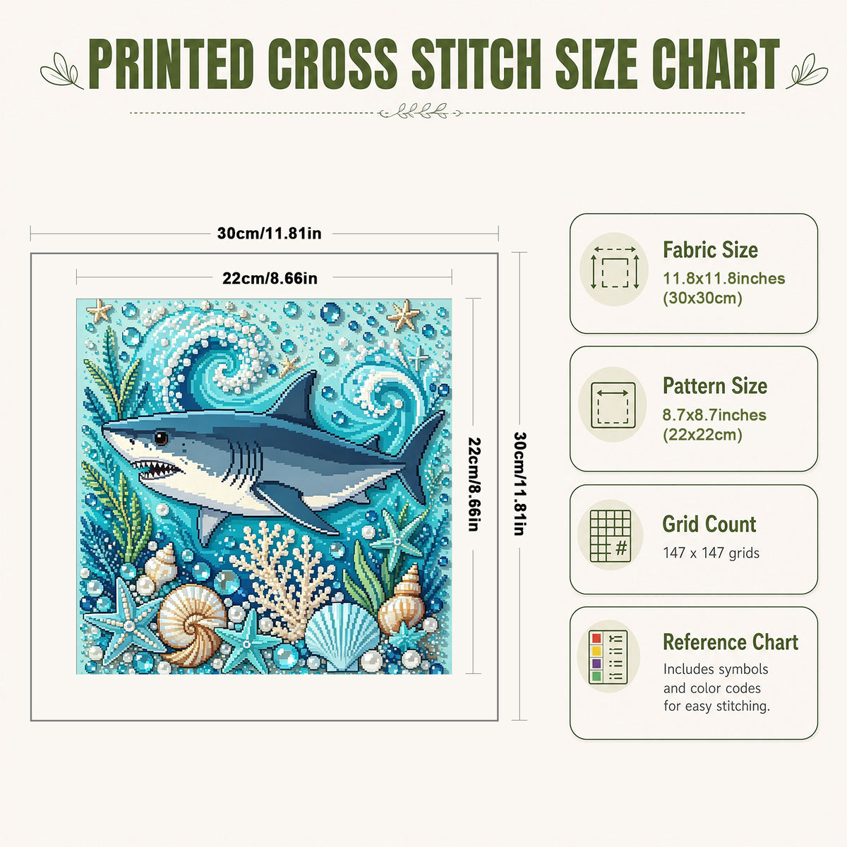 Marine Animal Great Shark - Full 14CT Stamped Cross Stitch 30x30CM - Huacan