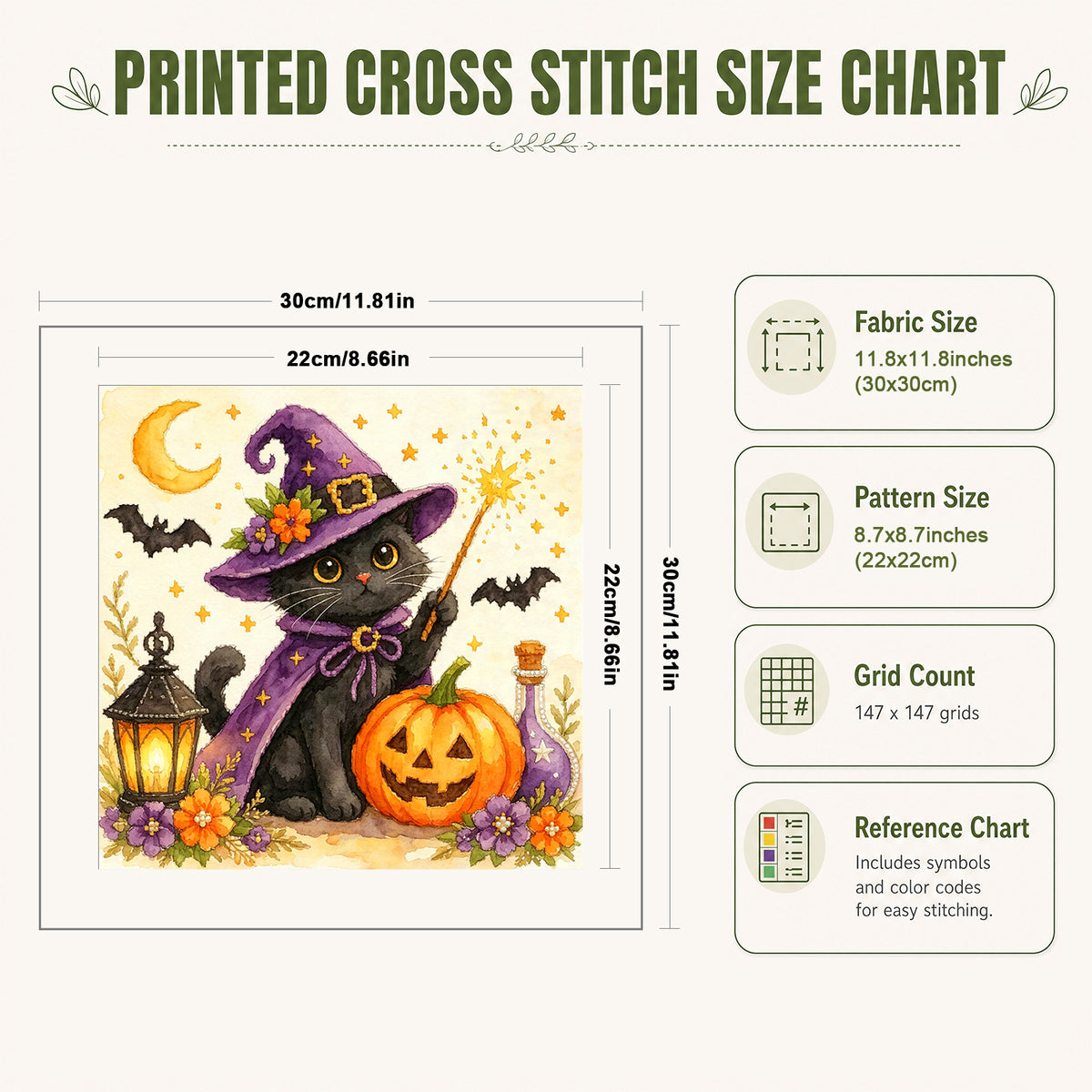 Black Cat With Magic Wand - Full 14CT Stamped Cross Stitch 30x30CM - Huacan