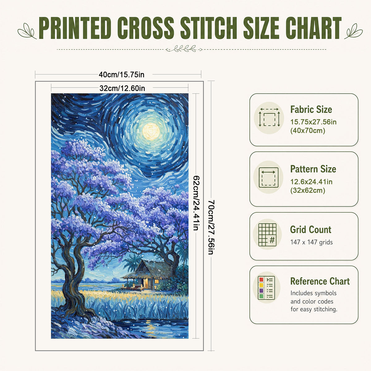 Purple Tree - Full 11CT Stamped Cross Stitch 40x70CM - Huacan