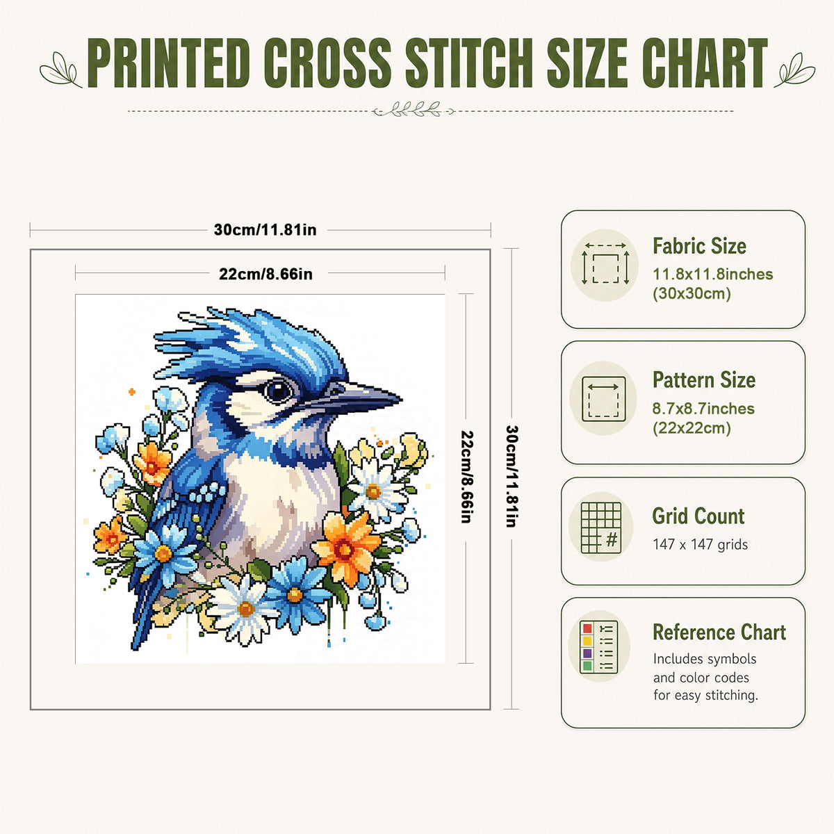 Blue Jay Among Flowers - Full 14CT Stamped Cross Stitch 30x30CM - Huacan