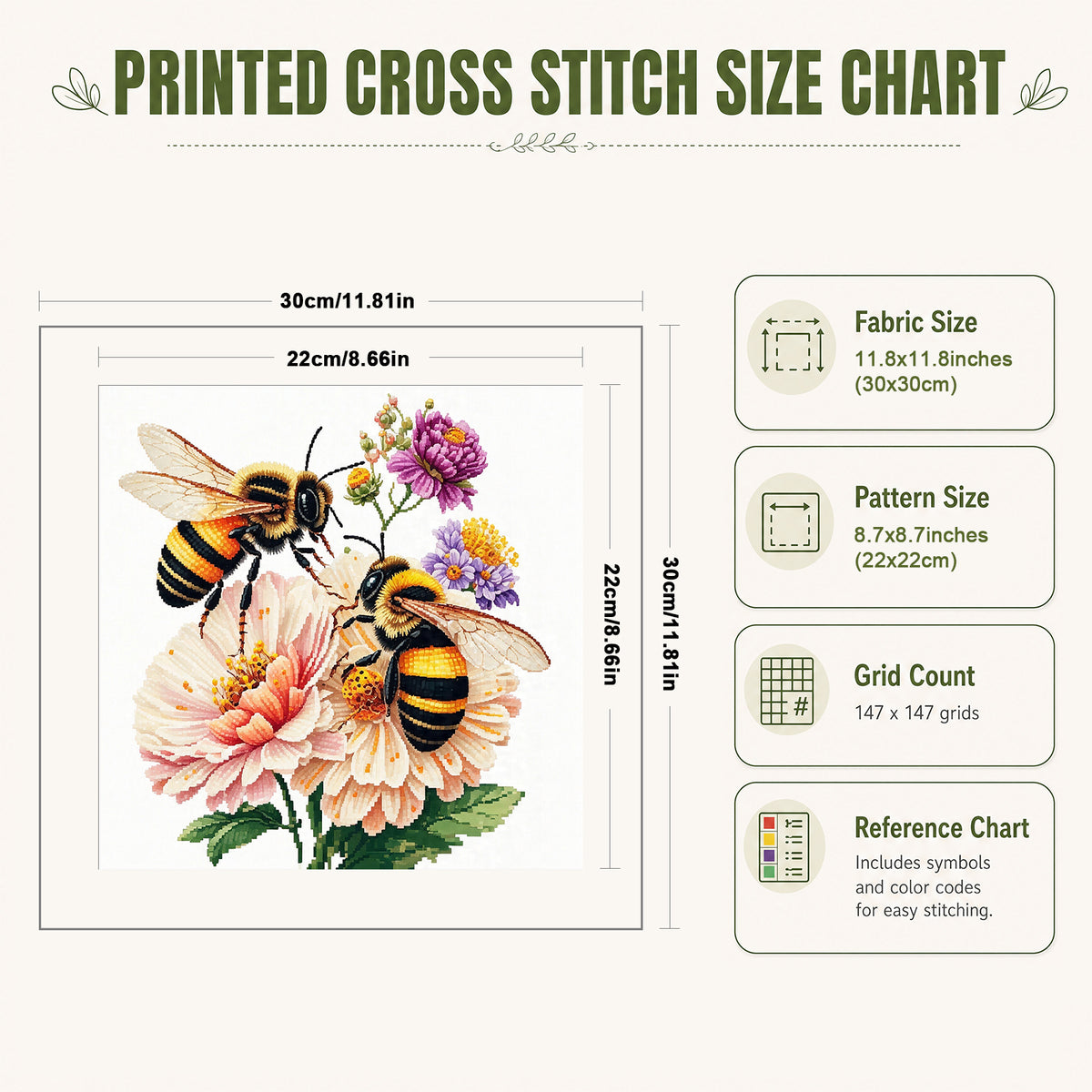 Pink Flower Bee - Full 14CT Stamped Cross Stitch 30x30CM - Huacan