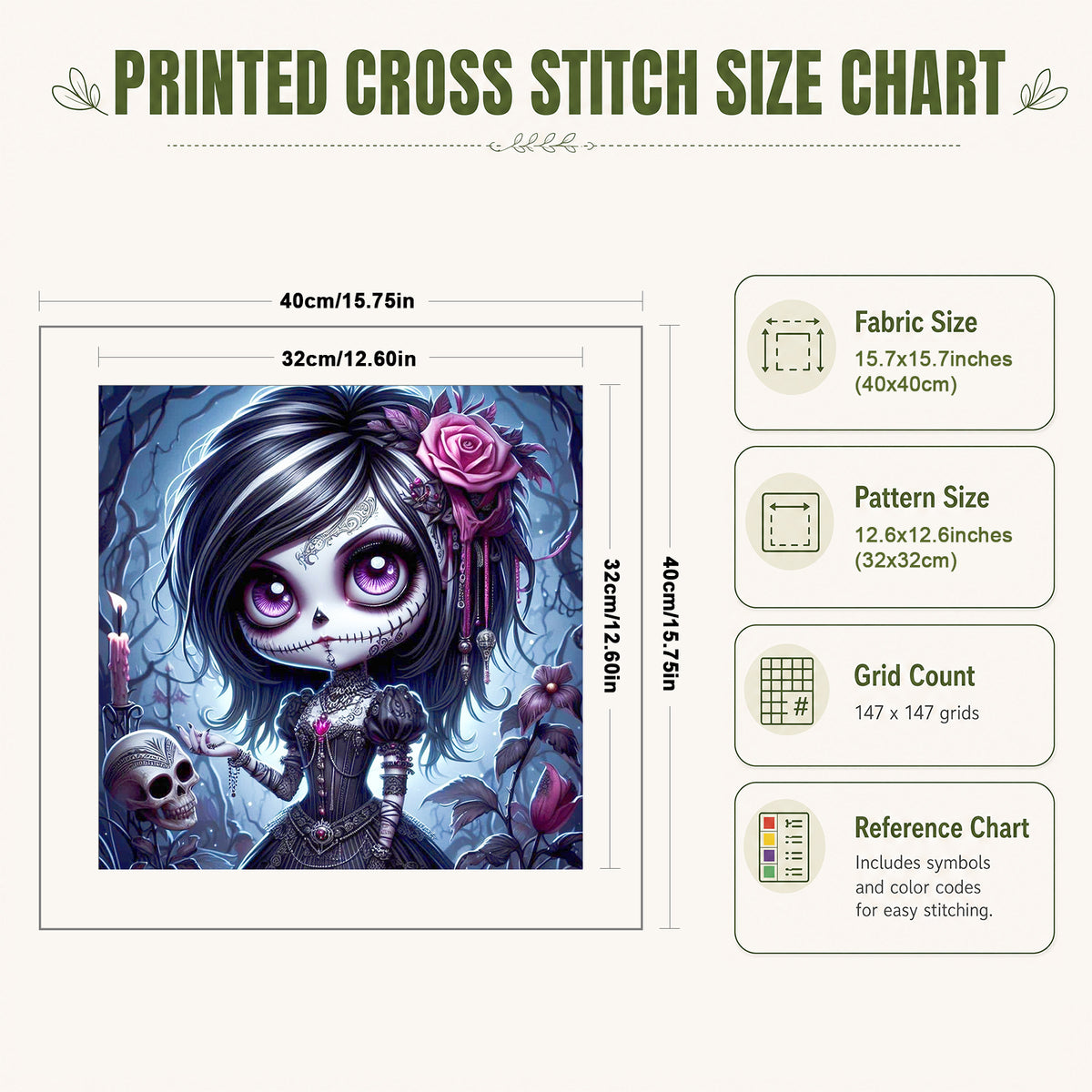 Purple Rose Gothic Girl - Vollständiges 11CT gestempeltes Kreuzstich-Set 40x40CM - Huacan