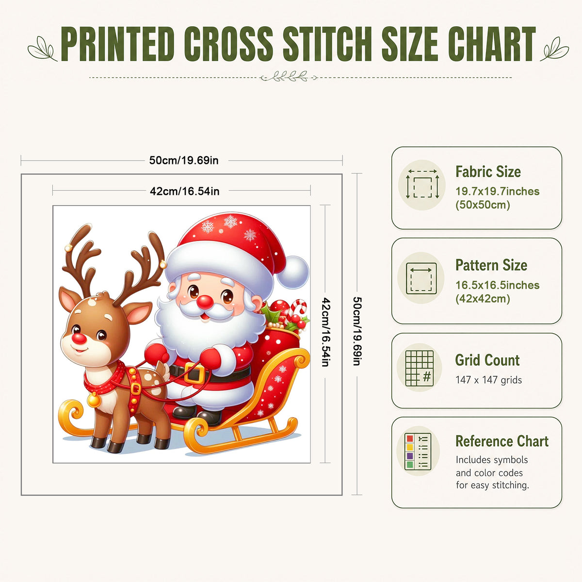 Weihnachtsmann mit Schlitten und Rentier - Komplettes 11CT gestempeltes Kreuzstich-Set 50x50CM - Huacan