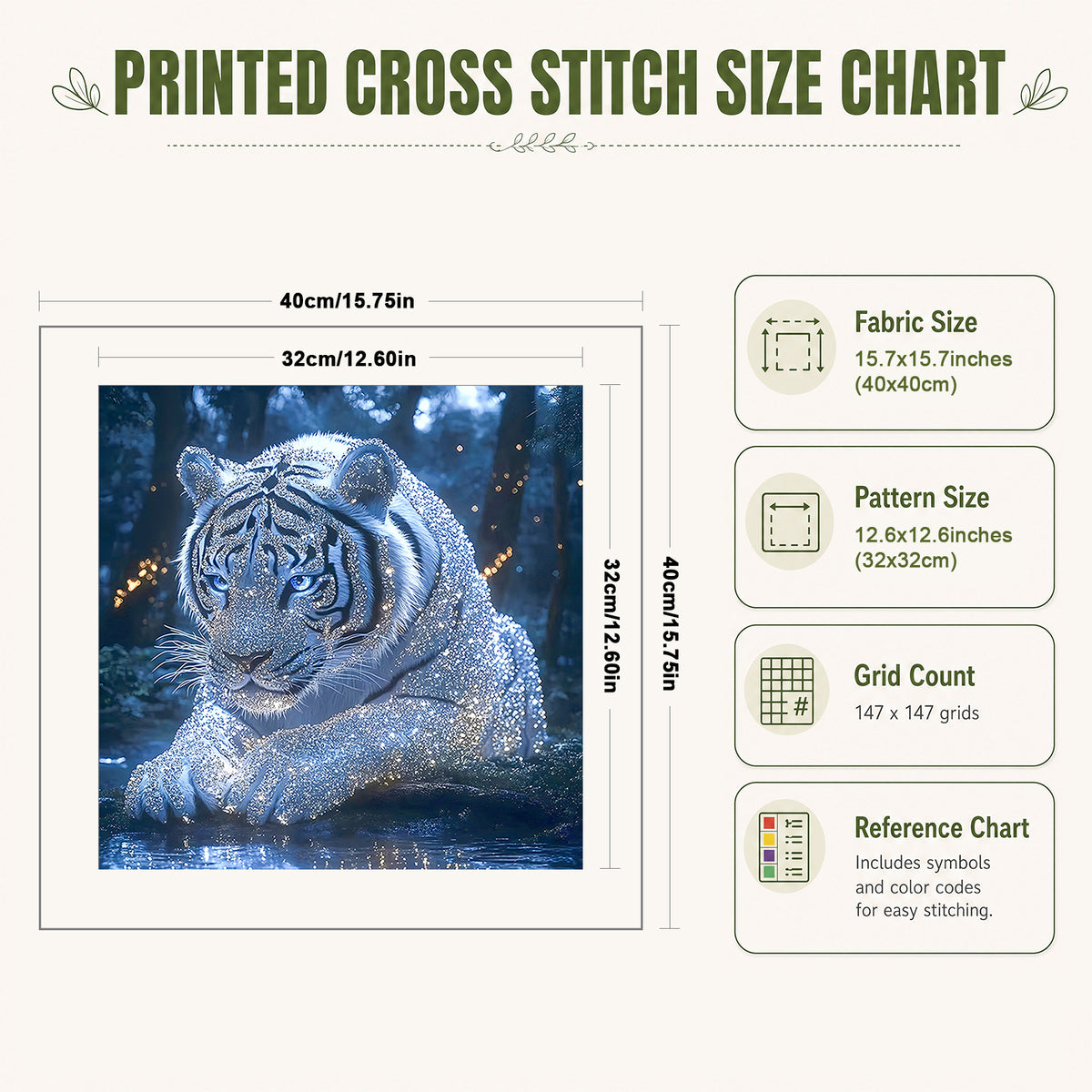 White Tiger - Full 14CT Stamped Cross Stitch 40x40CM - Huacan