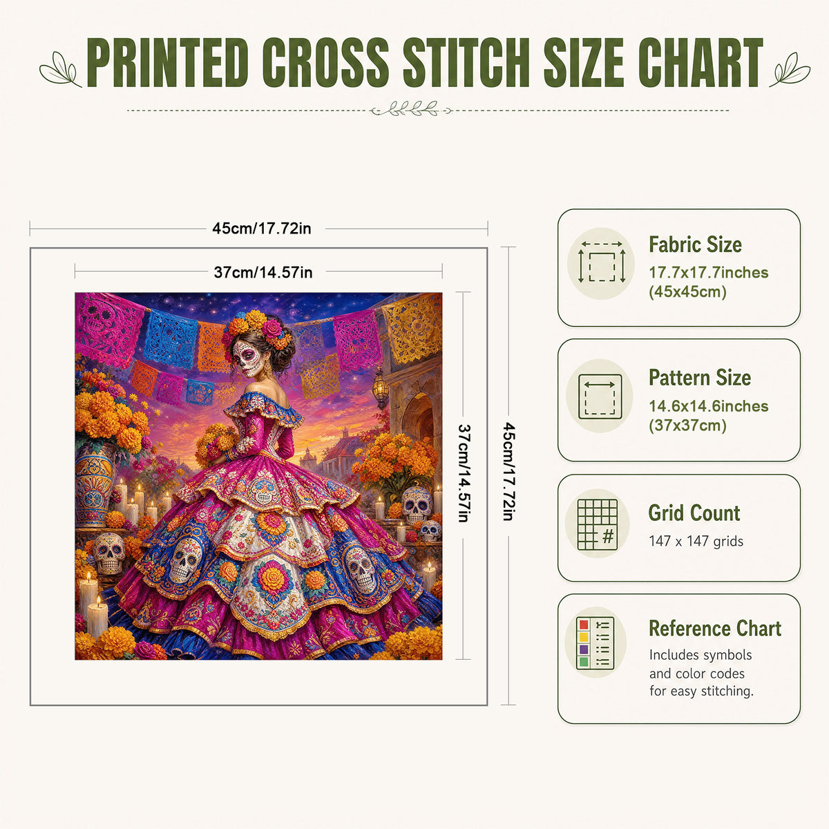 Blumenschädel - Komplettes 11CT Stempel-Kreuzstich-Set 45x45CM - Huacan