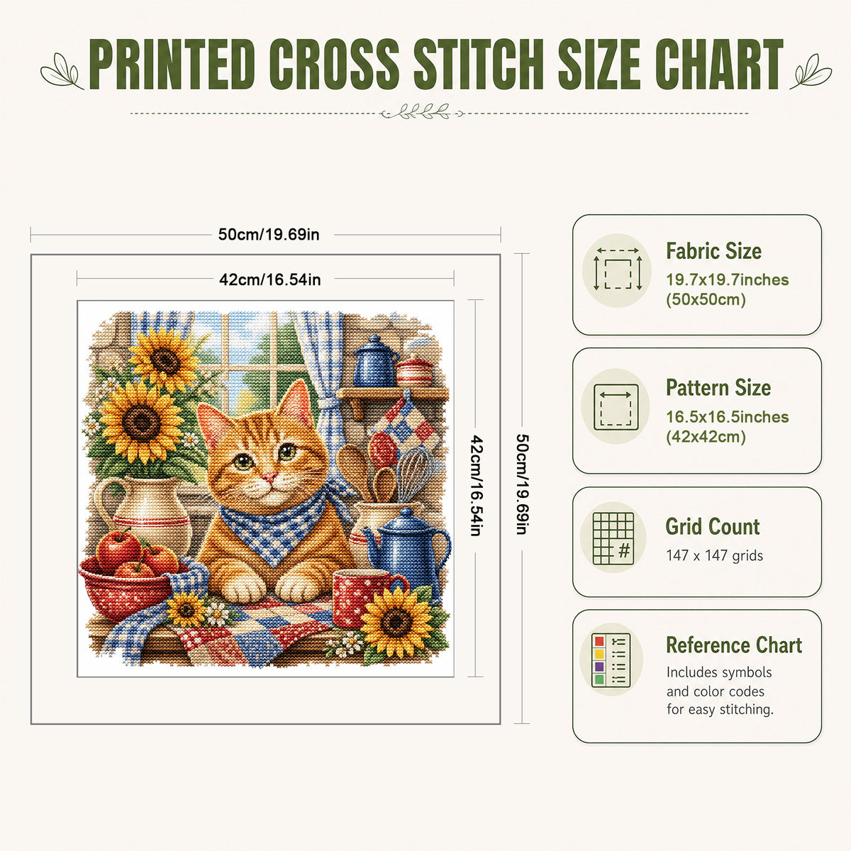 Orangefarbene Katze in der Küche – Komplettes 11CT Stempel-Kreuzstichset 50x50cm – Huacan