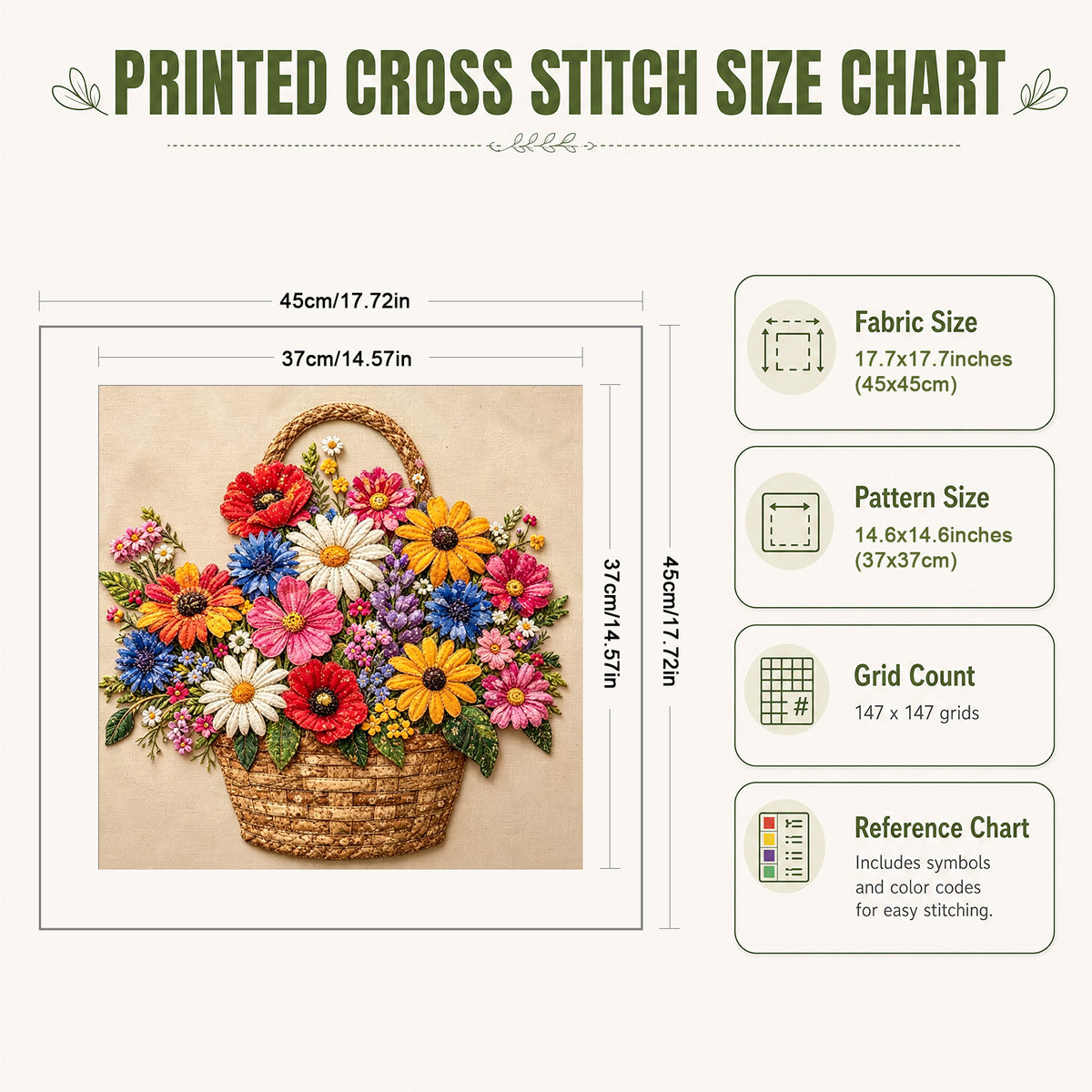 Spring Flower Basket - Full 11CT Stamped Cross Stitch 45x45CM - Huacan