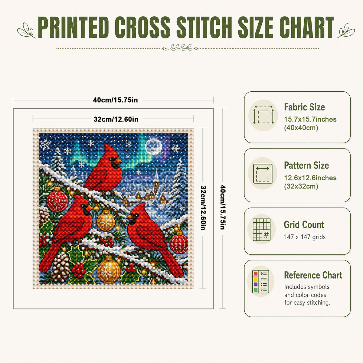 Aurora Christmas Three Red Birds - Full 11CT Stamped Cross Stitch 40x40CM - Huacan