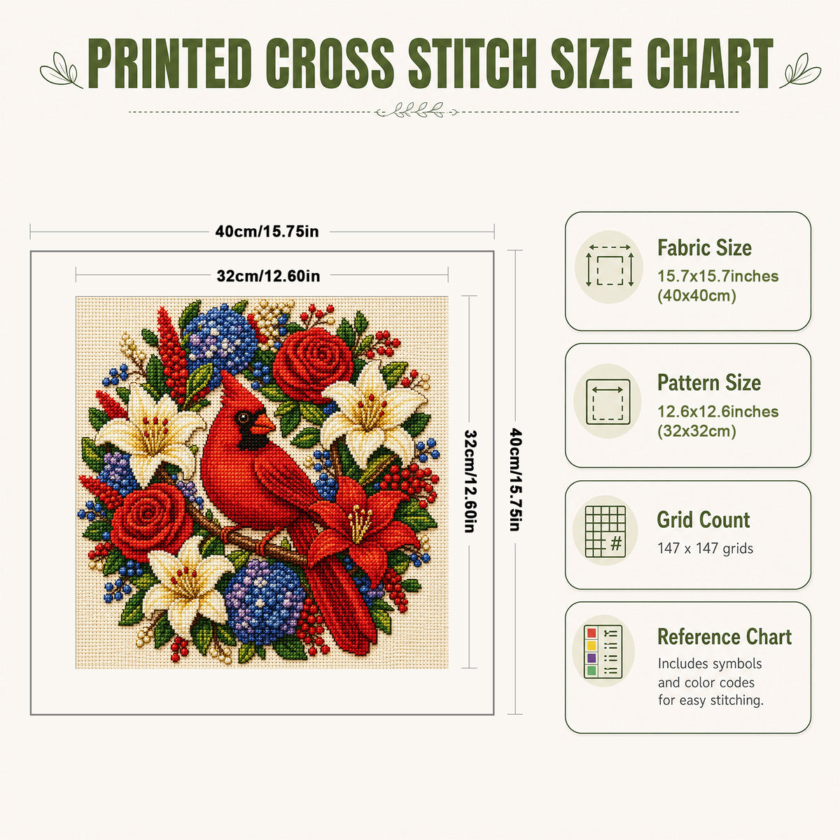 Red Bird Surrounded By Blossoms - Full 11CT Stamped Cross Stitch 40x40CM - Huacan