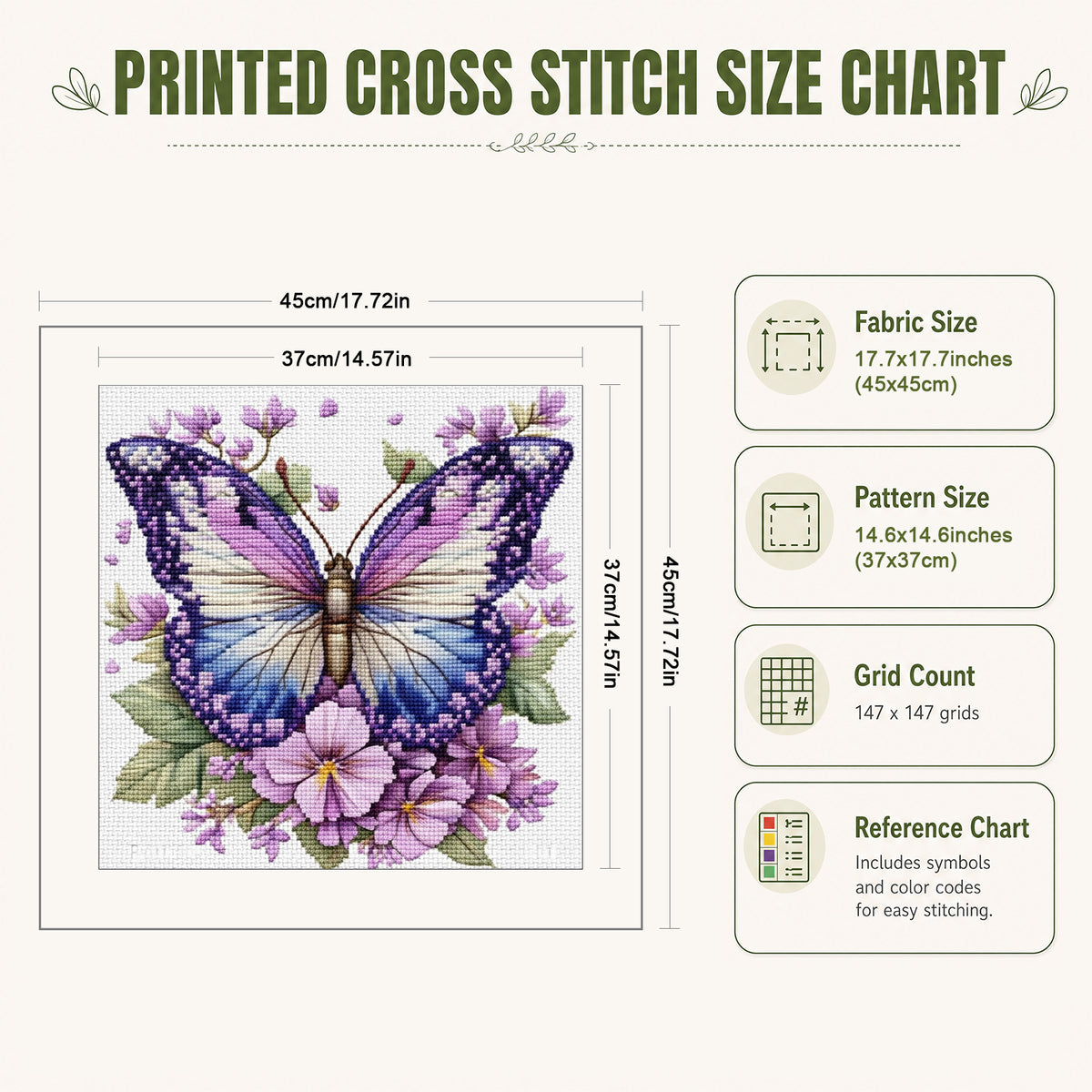 Lavendelschmetterling – Vollständiges 11CT gestempeltes Kreuzstich-Set 45x45CM – Huacan