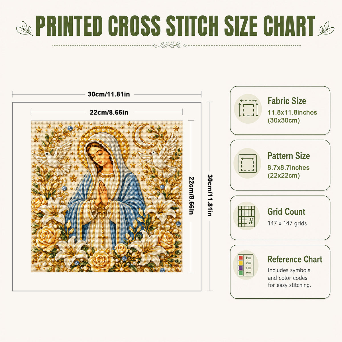Pure White Virgin Mary - Full 14CT Stamped Cross Stitch 30x30CM - Huacan
