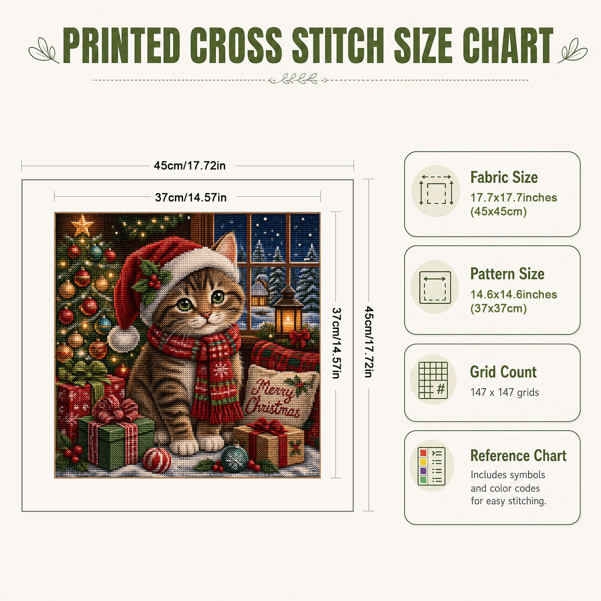 Süße Weihnachts-Katze – Vollständiges 11CT Stempel-Kreuzstich-Set 45x45 cm – Huacan