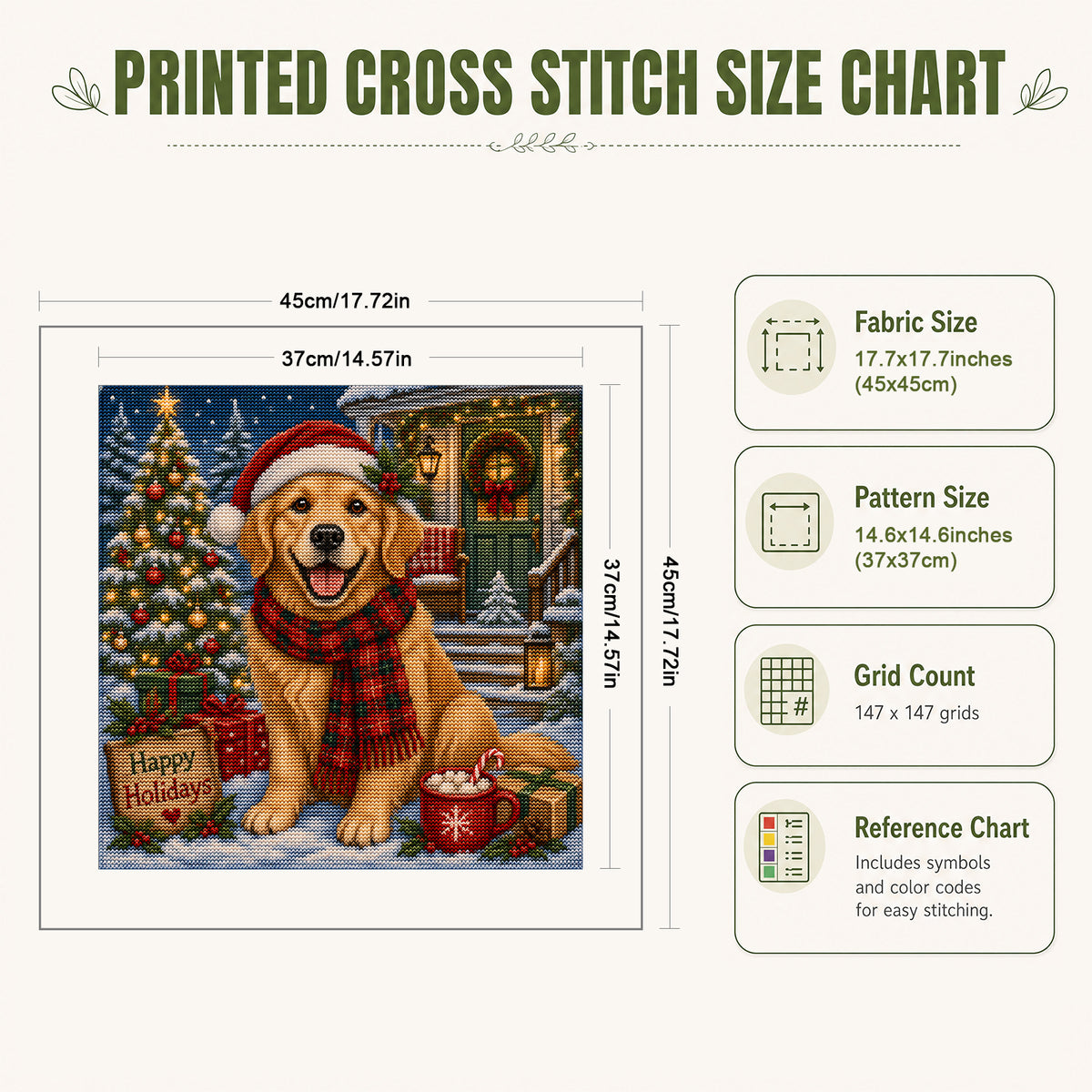 Holiday Dog - Full 11CT Stamped Cross Stitch 45x45CM - Huacan