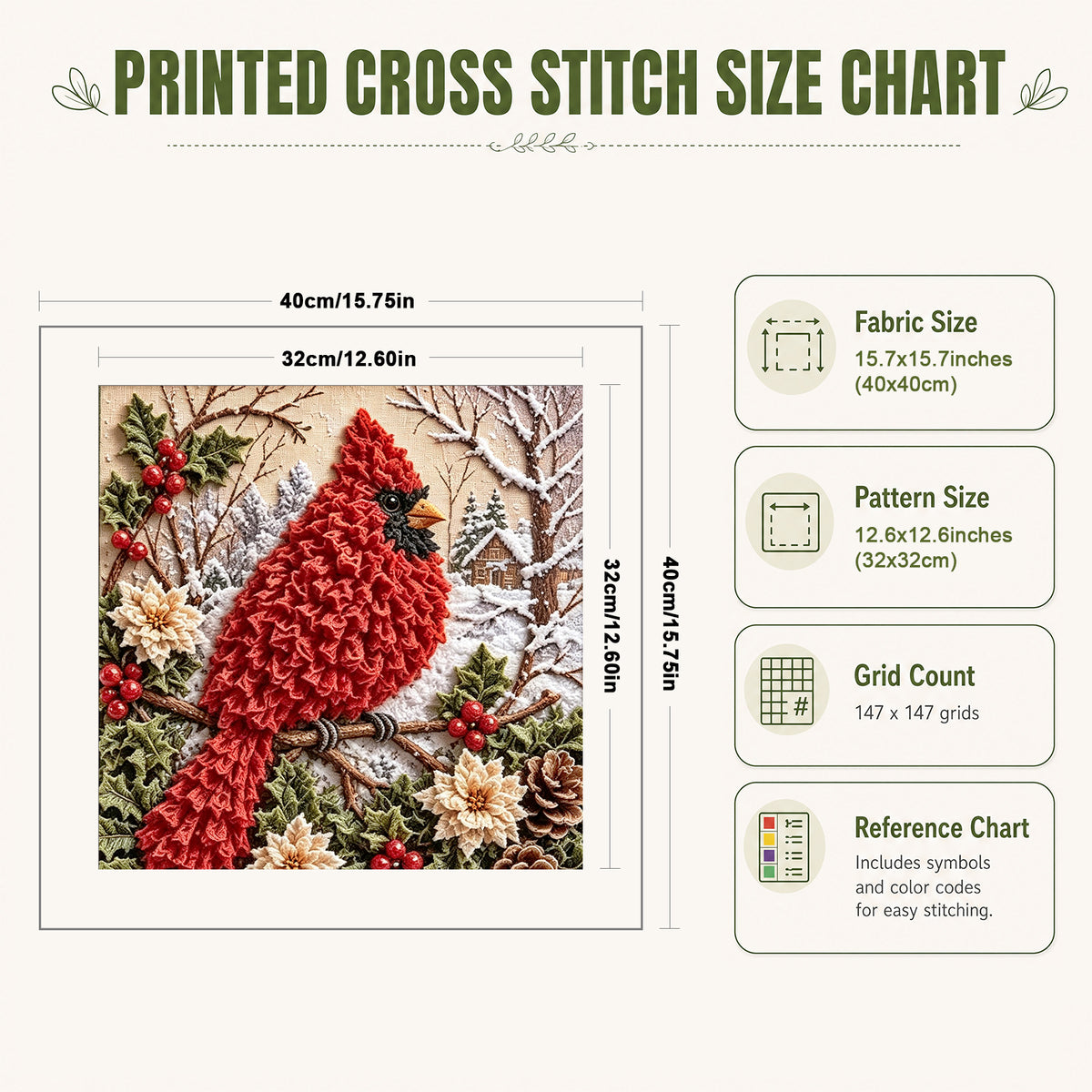 Christmas Red Bird Winter Scene - Full 11CT Stamped Cross Stitch 40x40CM - Huacan