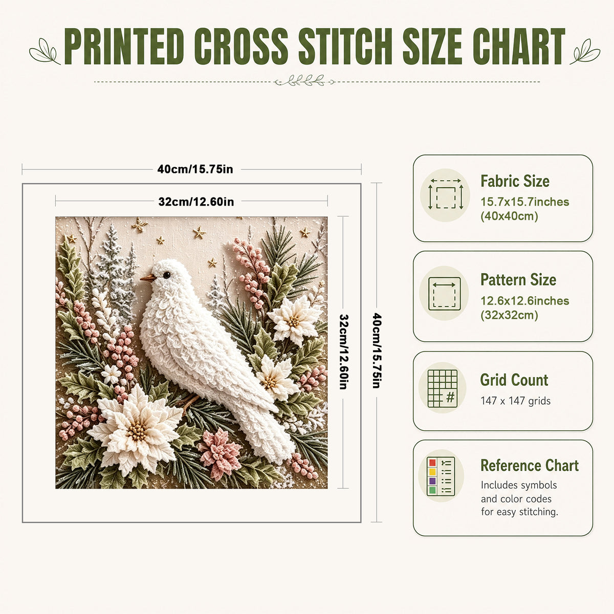 Christmas Peace Dove - Full 11CT Stamped Cross Stitch 40x40CM - Huacan