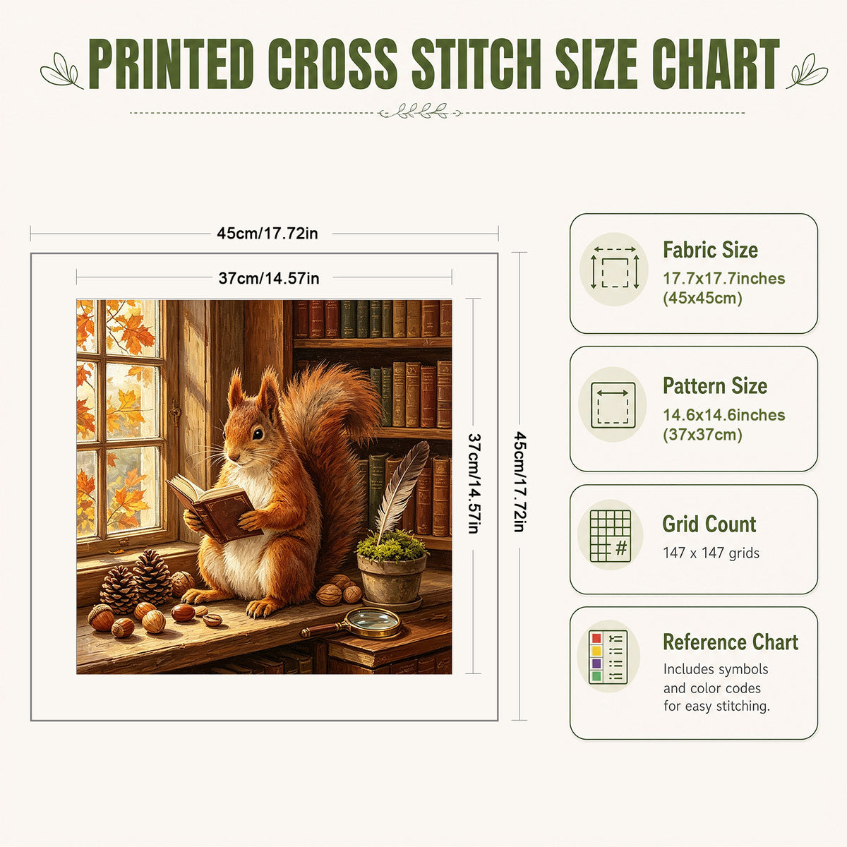 Squirrel Read - Full 11CT Stamped Cross Stitch 45x45CM - Huacan