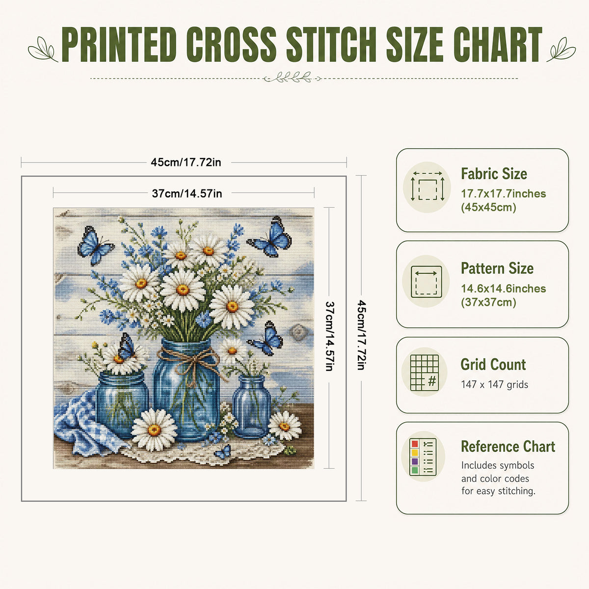 Gänseblümchen in einer Glasflasche – Vollständiges 11CT Stempel-Kreuzstich-Set 45x45CM – Yishu
