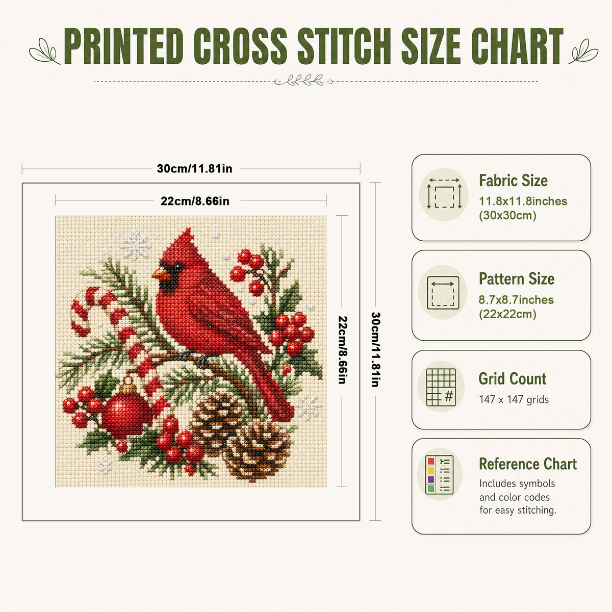 Festive Cane - Full 14CT Stamped Cross Stitch 30x30CM - Huacan
