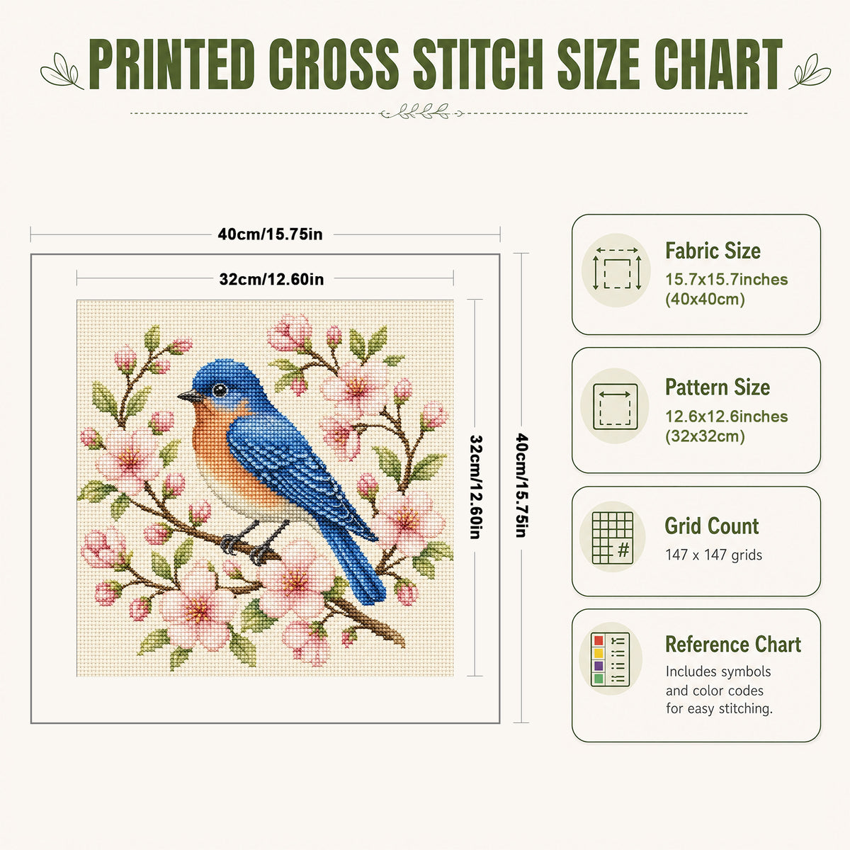 Spring Bluebird-Bird - Full 11CT Stamped Cross Stitch 40x40CM - Huacan