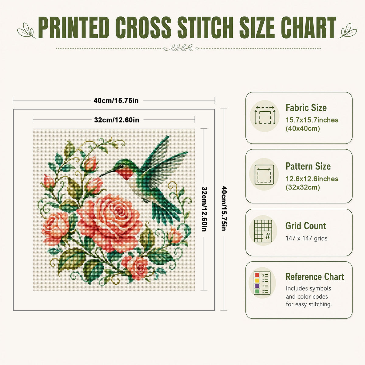 Rose Hummingbird - Full 11CT Stamped Cross Stitch 40x40CM - Huacan