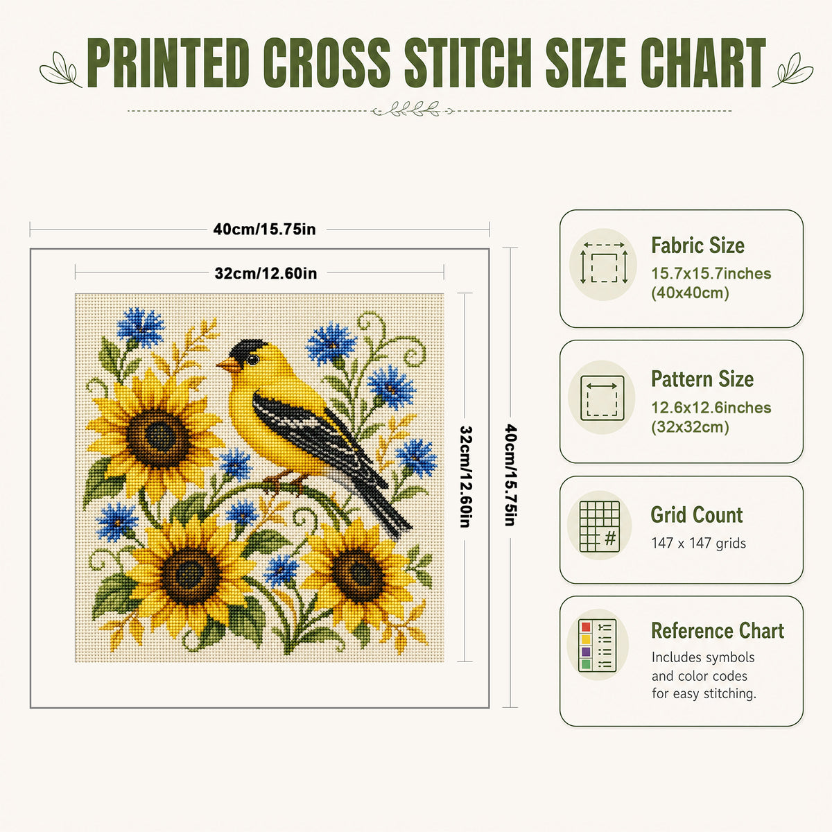 Sunny Goldfinch - Full 11CT Stamped Cross Stitch 40x40CM - Huacan