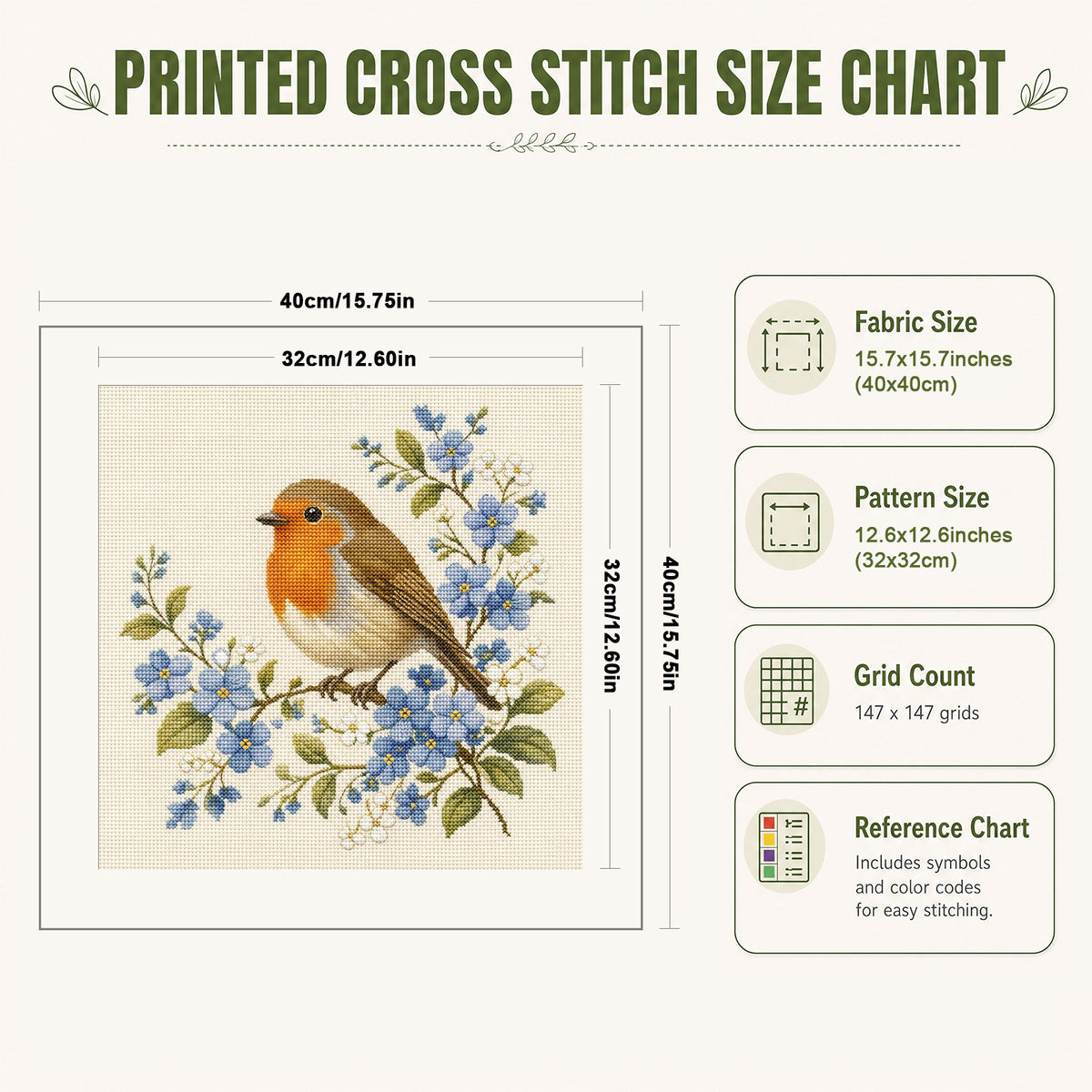 Robin Blooms-Bird - Full 11CT Stamped Cross Stitch 40x40CM - Huacan