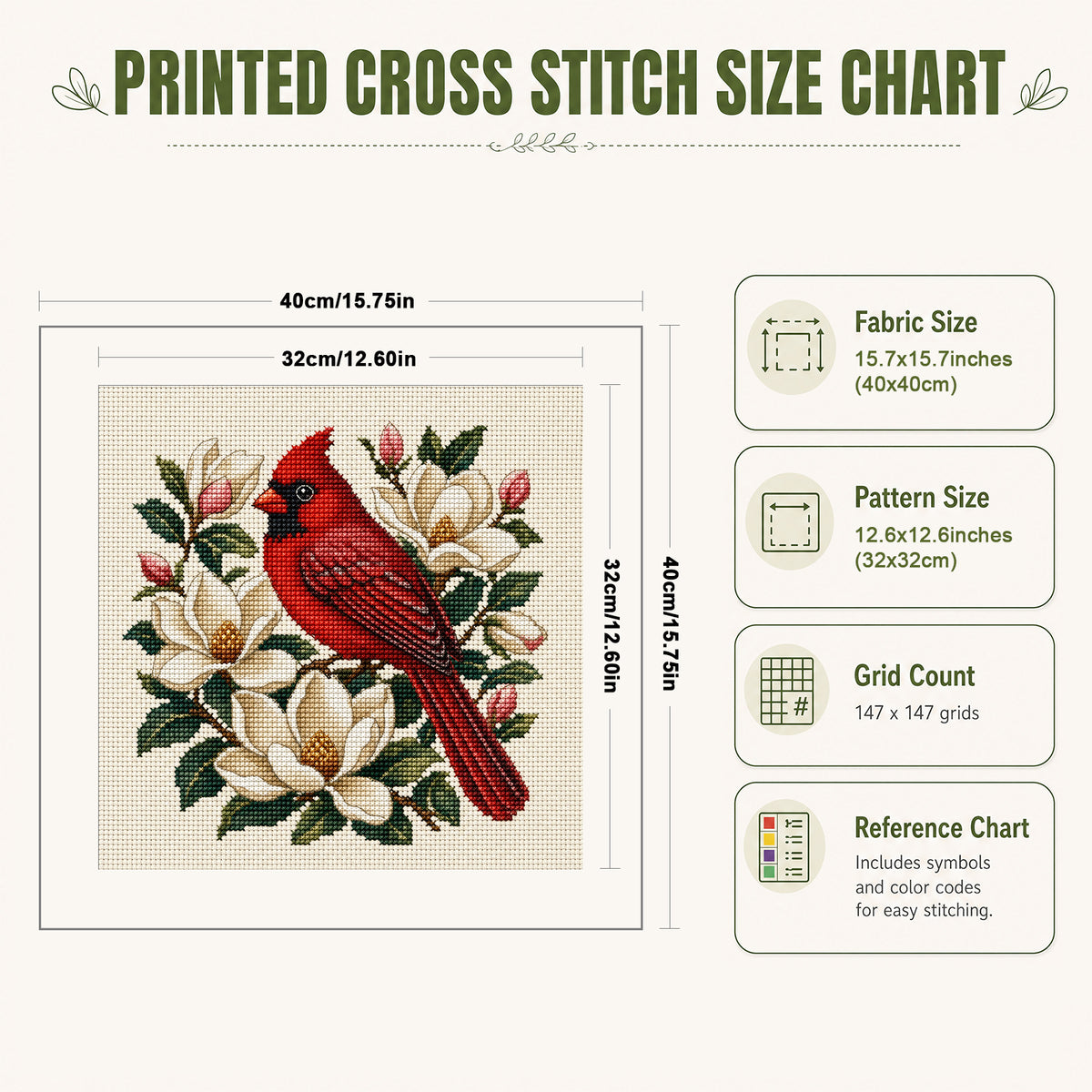Magnolia Cardinal-Bird - Full 11CT Stamped Cross Stitch 40x40CM - Huacan