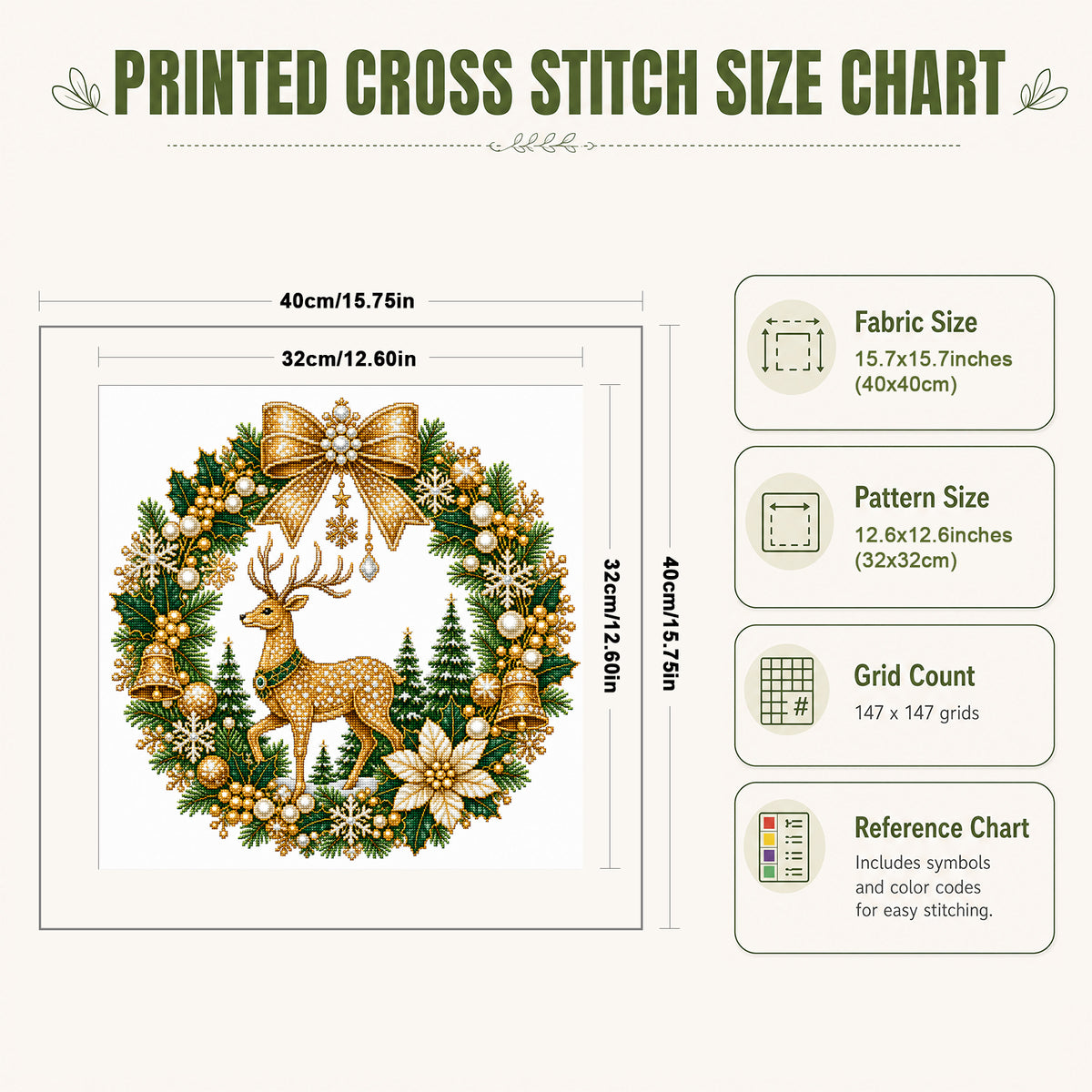 Golden Reindeer - Full 14CT Stamped Cross Stitch 40x40CM - Huacan